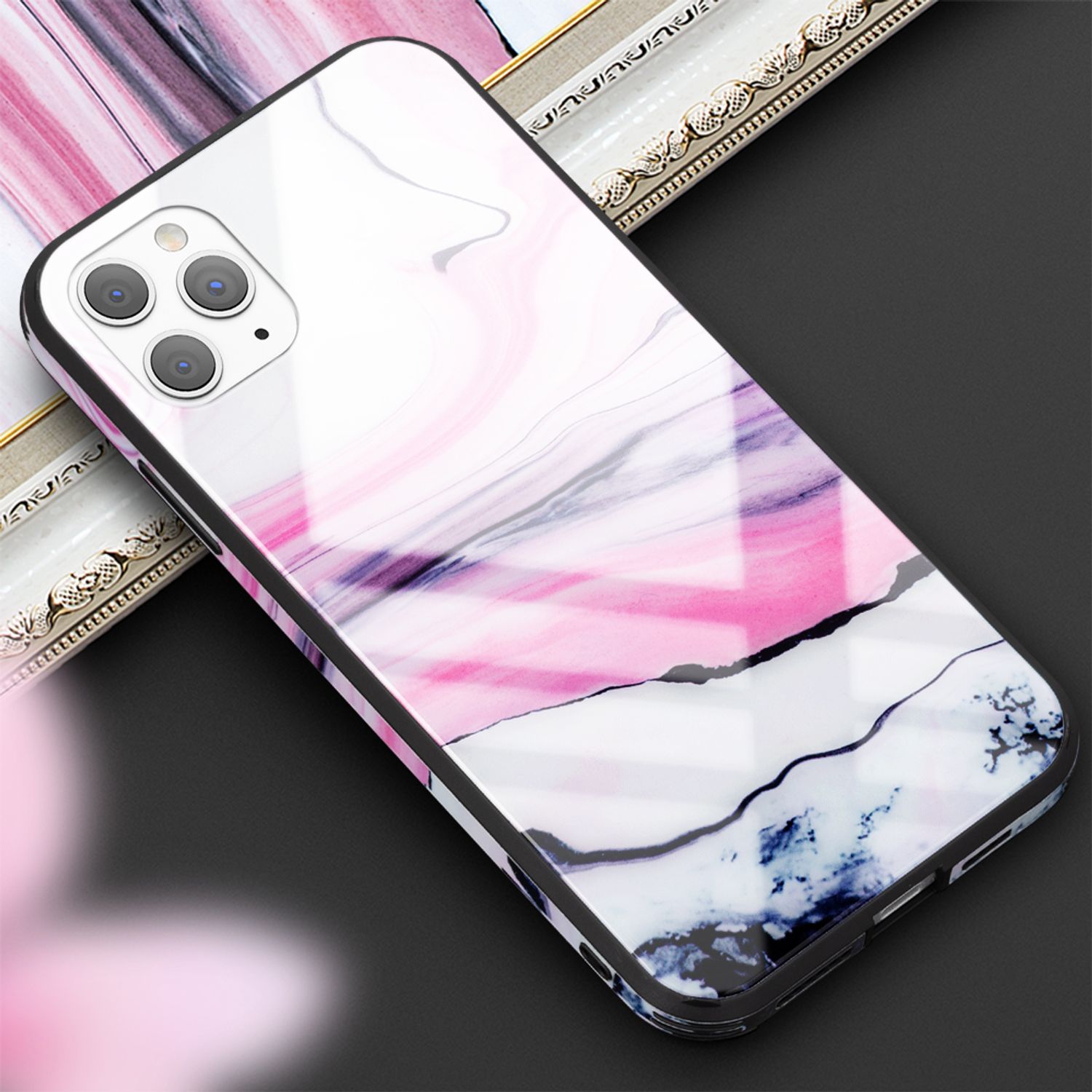 NALIA Hartglas Handy Hülle für iPhone 11 Pro, Marmor Design Tasche Case Cover Pink Lila NALIA Protective Hülle