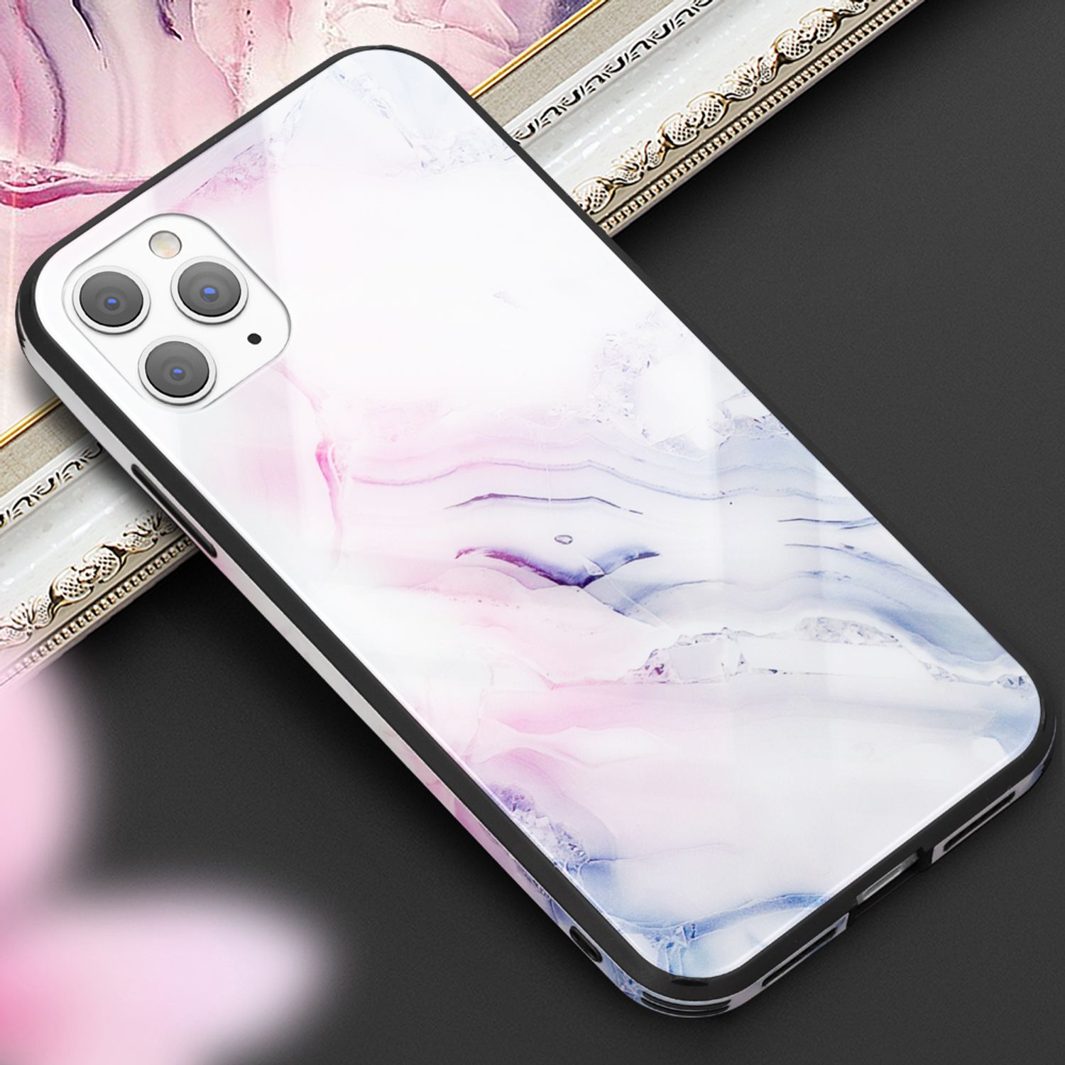 NALIA Hartglas Handy Hülle für iPhone 11 Pro, Marmor Design Tasche Case Cover Pink Blau NALIA Protective Hülle