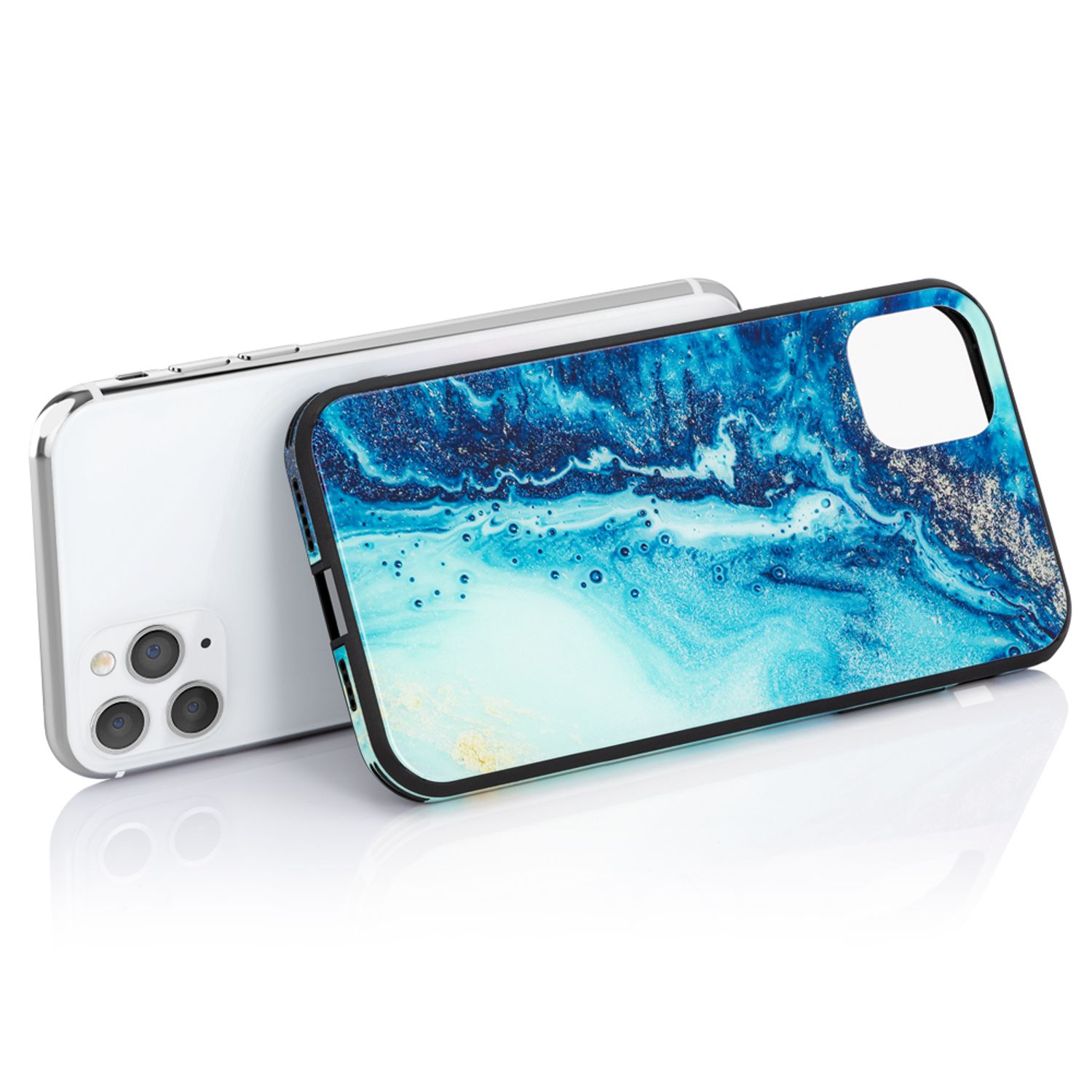 NALIA Hartglas Handy Hülle für iPhone 11 Pro, Marmor Design Tasche Case Cover Blau Türkis NALIA Protective Hülle