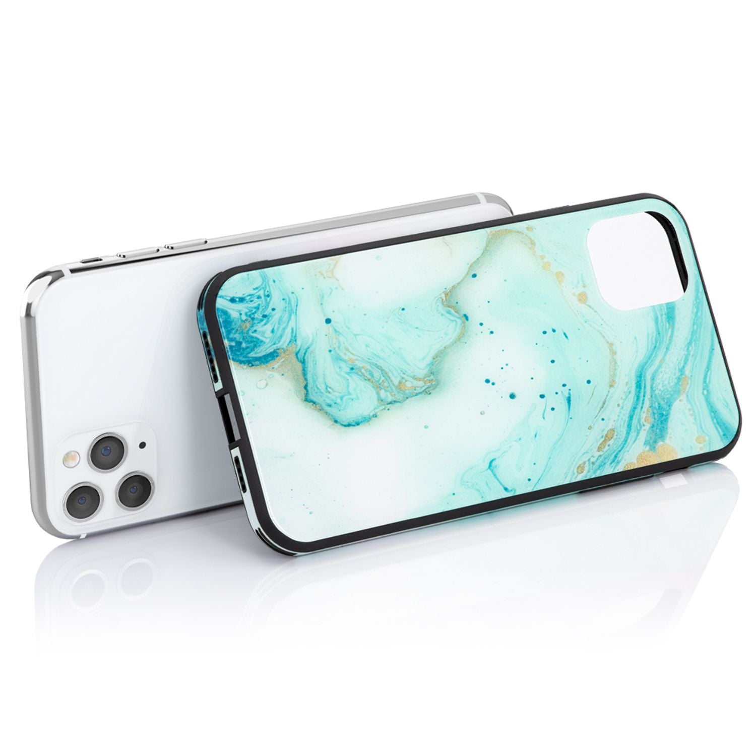 NALIA Hartglas Handy Hülle für iPhone 11 Pro, Marmor Design Tasche Case Cover Türkis Gold NALIA Protective Hülle