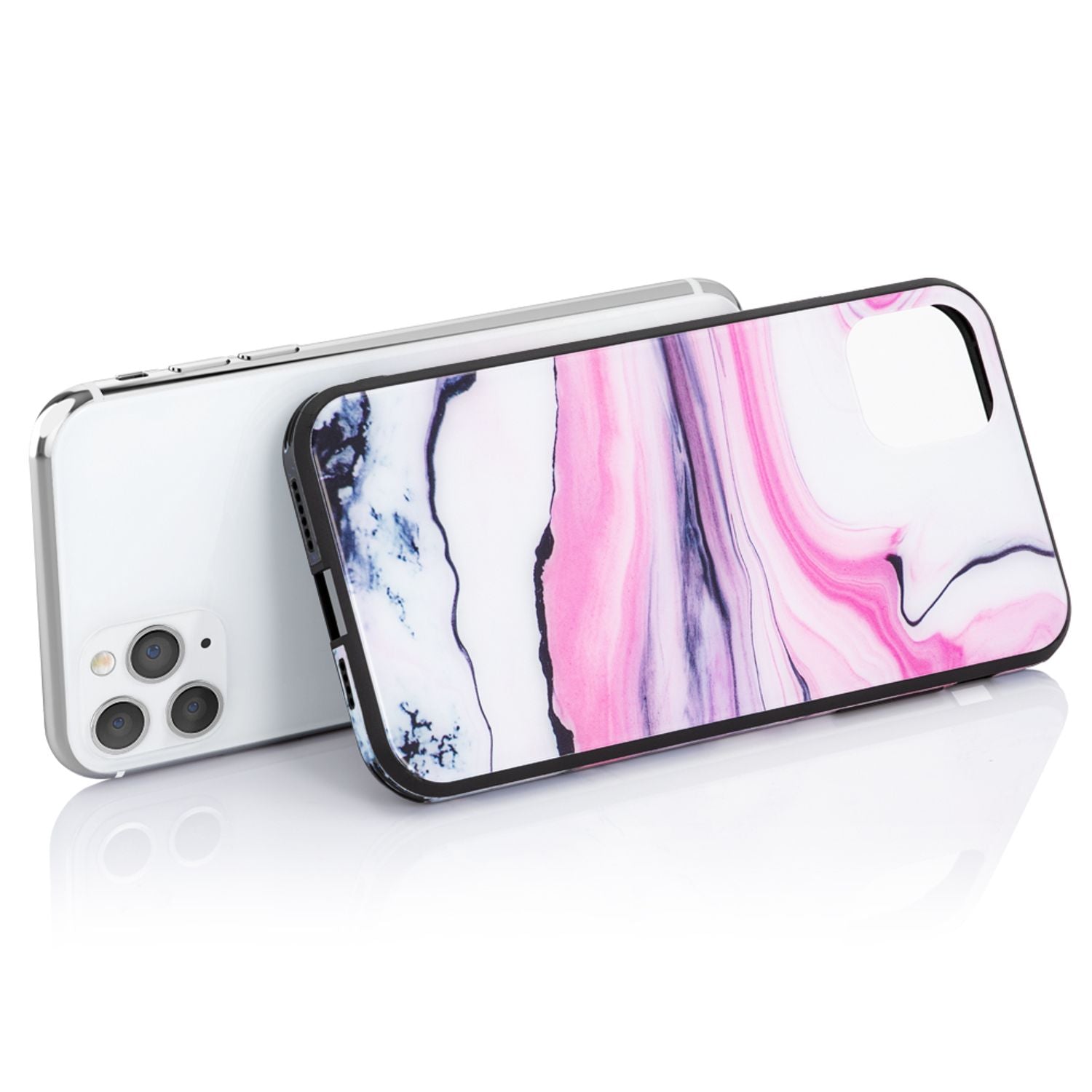 NALIA Hartglas Handy Hülle für iPhone 11 Pro, Marmor Design Tasche Case Cover Pink Lila NALIA Protective Hülle