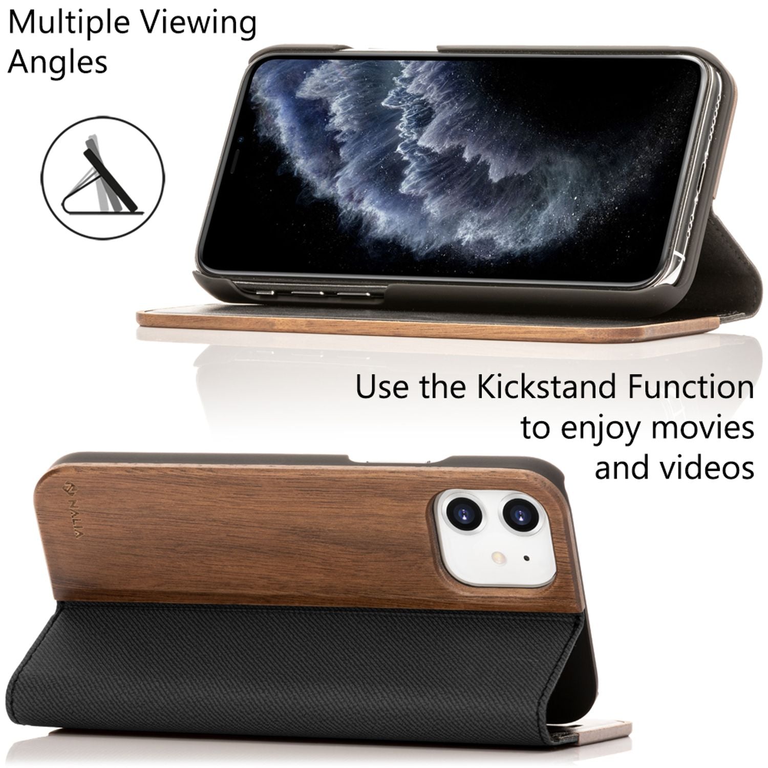 NALIA Echt Holz Flip Case für iPhone 11, Premium Wood Etui Handy Hülle Cover
