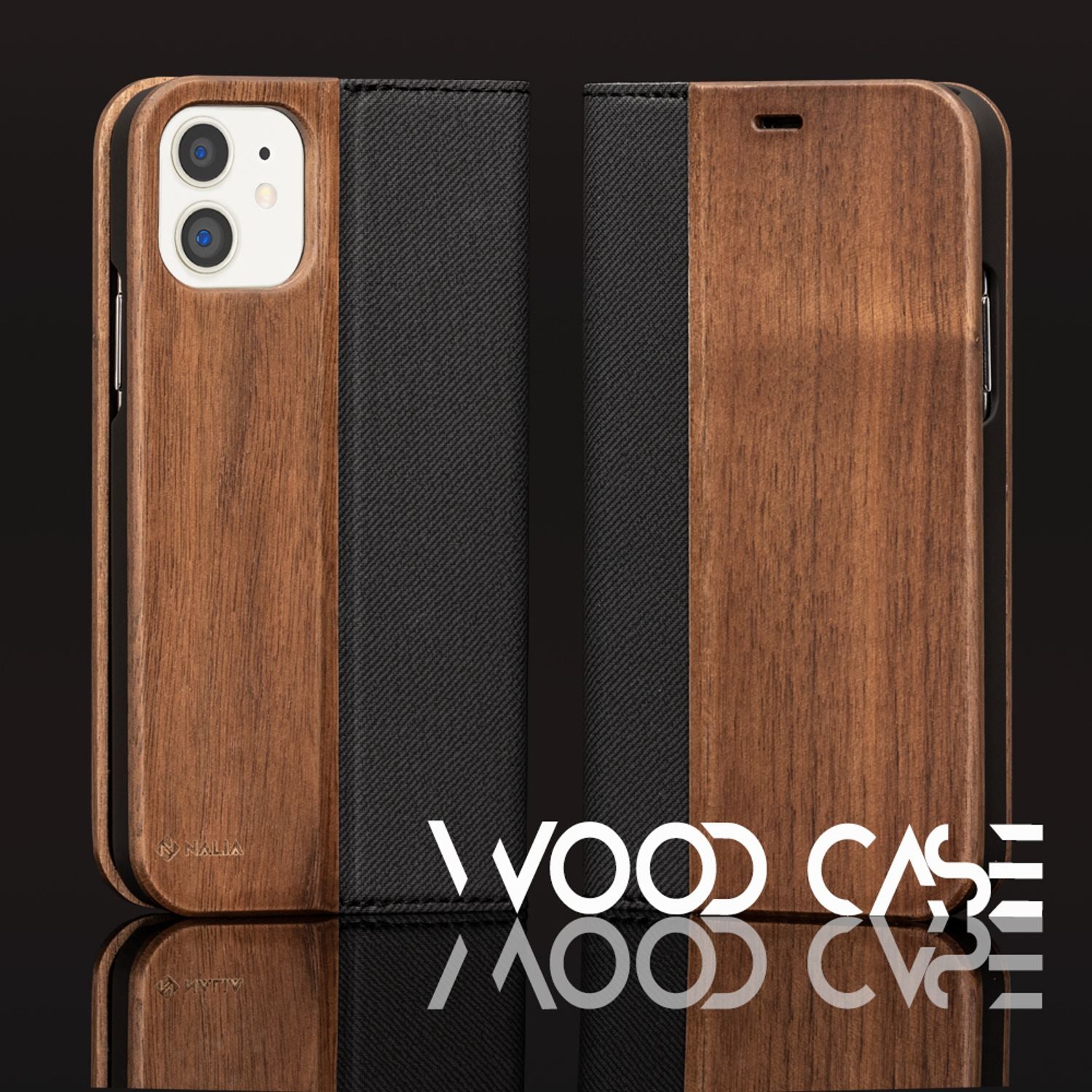 NALIA Echt Holz Flip Case für iPhone 11, Premium Wood Etui Handy Hülle Cover