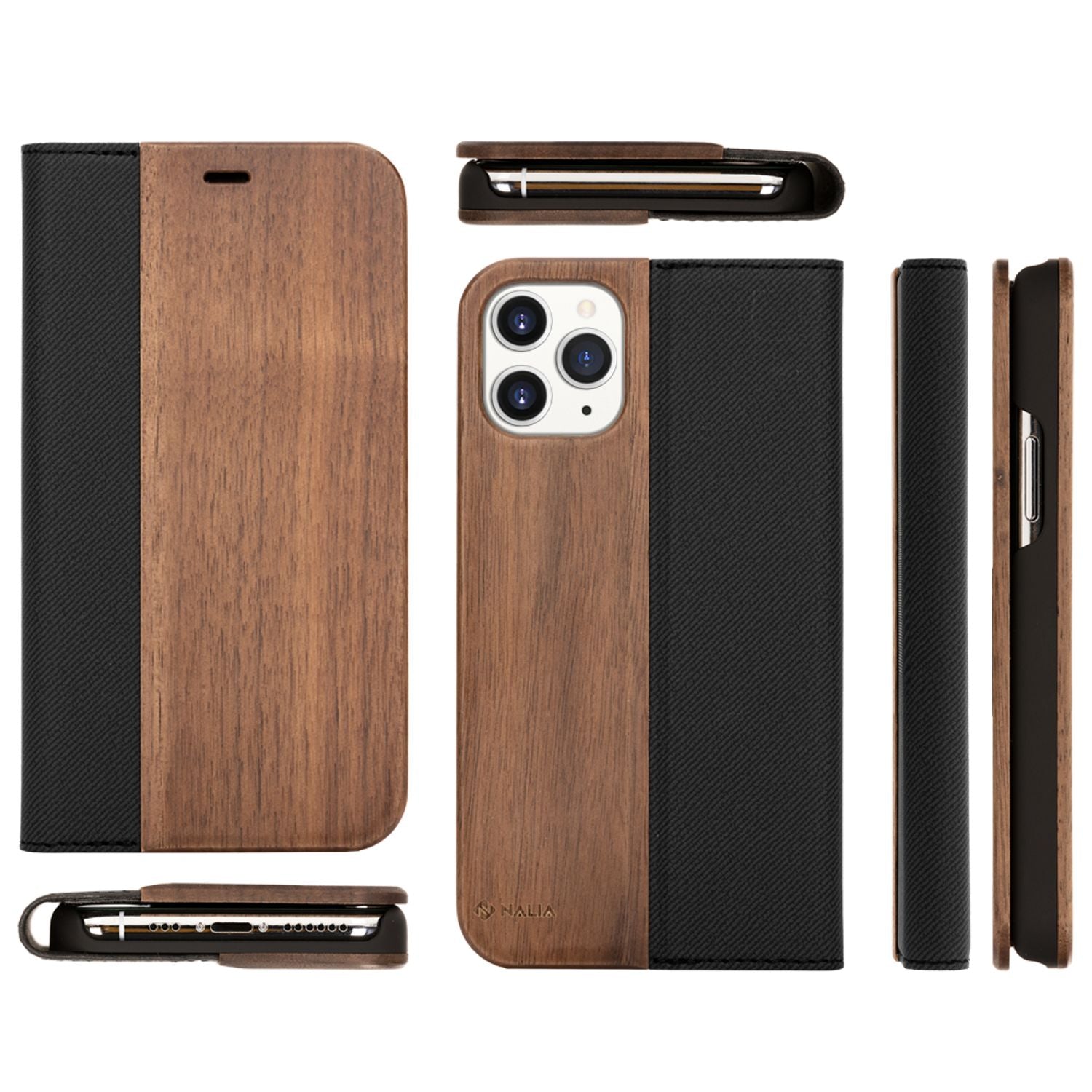 NALIA Echt Holz Flip Case für iPhone 11 Pro, Premium Wood Etui Handy Hülle Cover