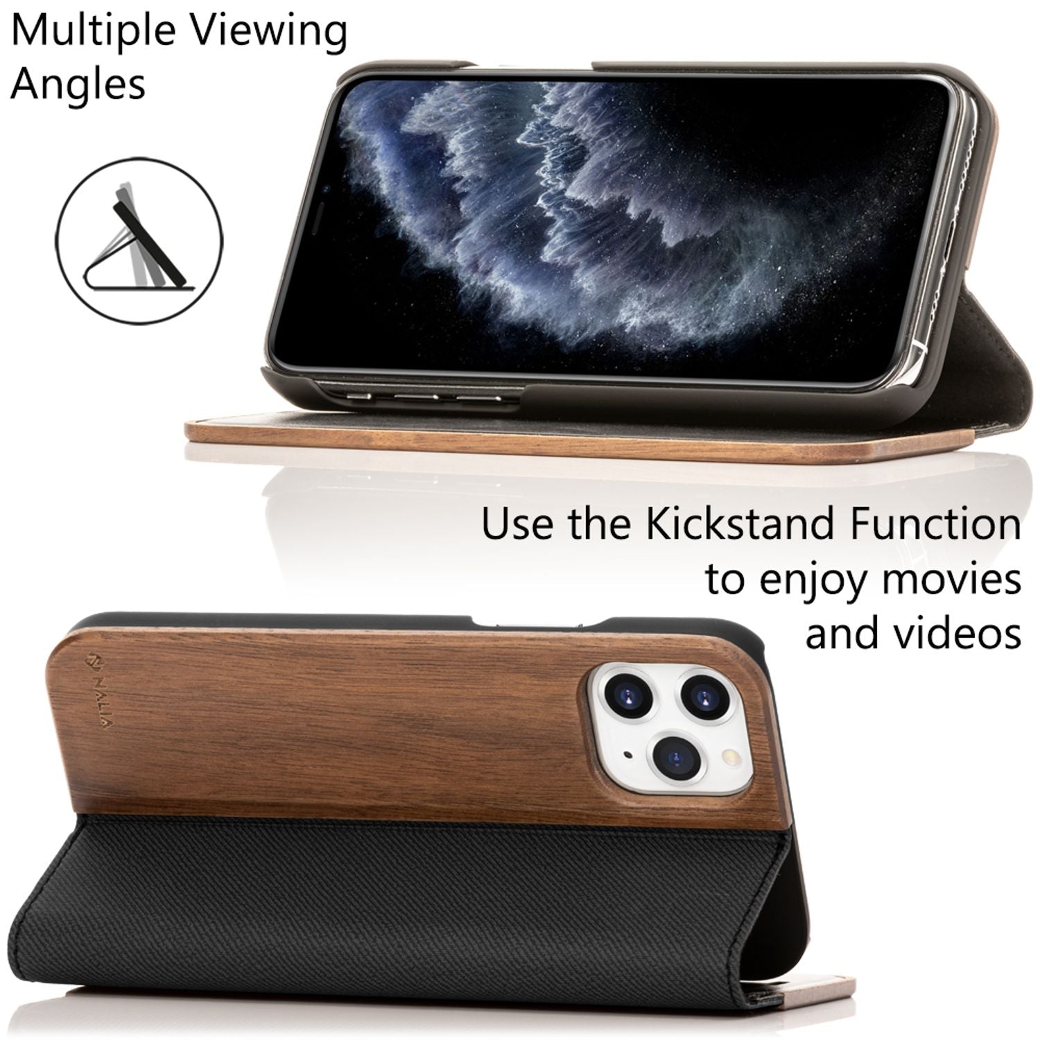 NALIA Echt Holz Flip Case für iPhone 11 Pro, Premium Wood Etui Handy Hülle Cover