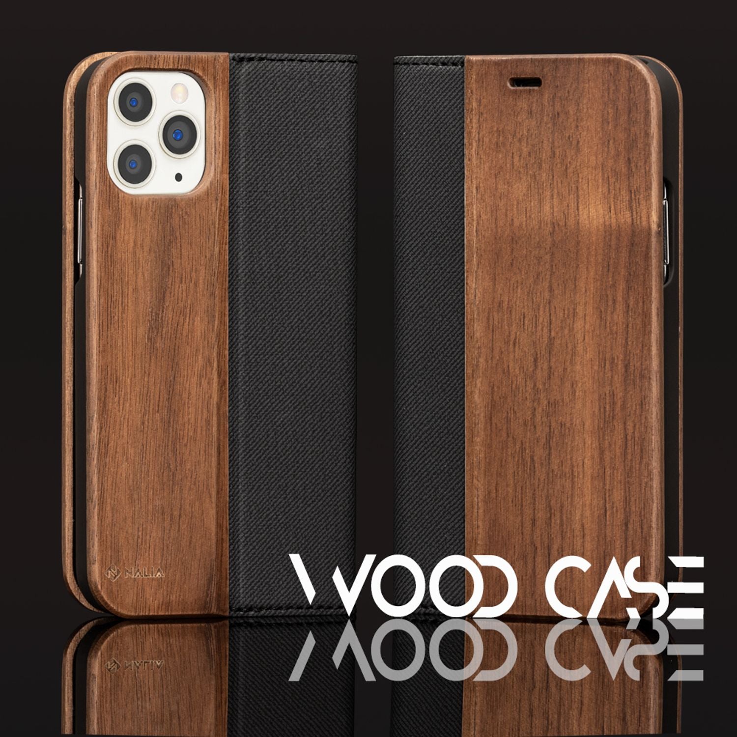 NALIA Echt Holz Flip Case für iPhone 11 Pro, Premium Wood Etui Handy Hülle Cover