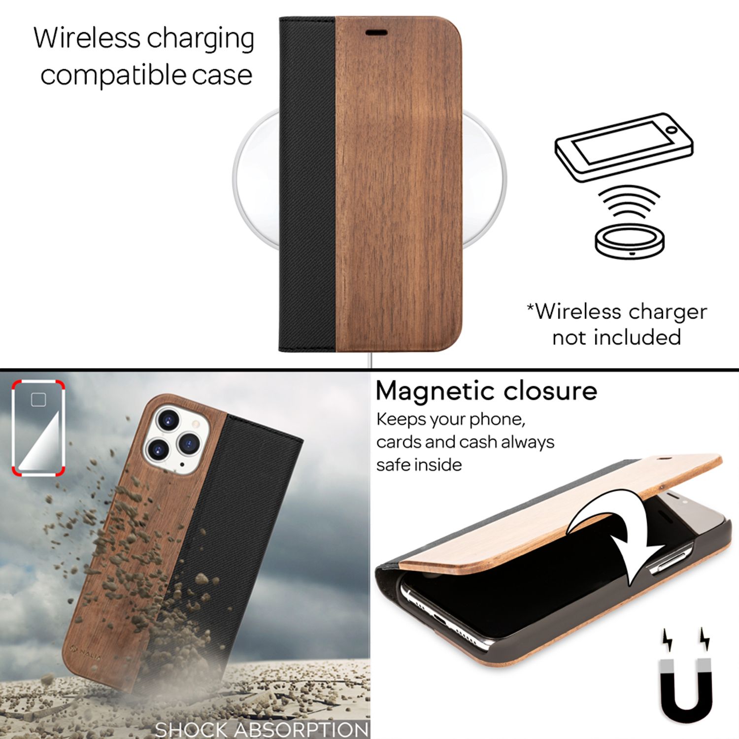 NALIA Echt Holz Flip Case für iPhone 11 Pro, Premium Wood Etui Handy Hülle Cover