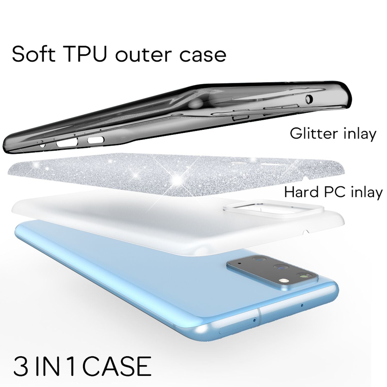 NALIA Glitter Case für Samsung Galaxy S20, Diamant Schutz Hülle Handy Tasche Schwarz NALIA Protective Hülle