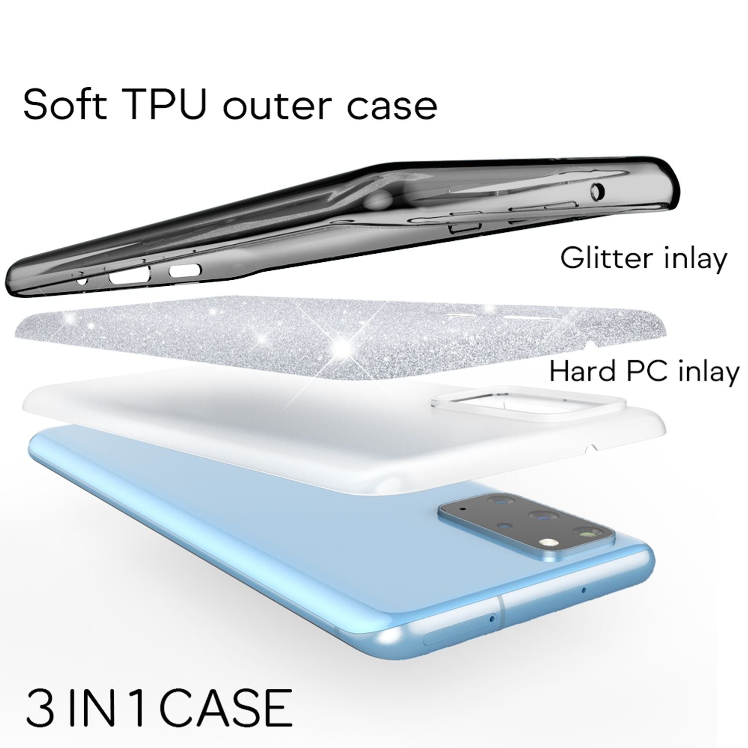 NALIA Glitter Case für Samsung Galaxy S20 Plus, Diamant Schutz Hülle Handy Etui Schwarz NALIA Protective Hülle