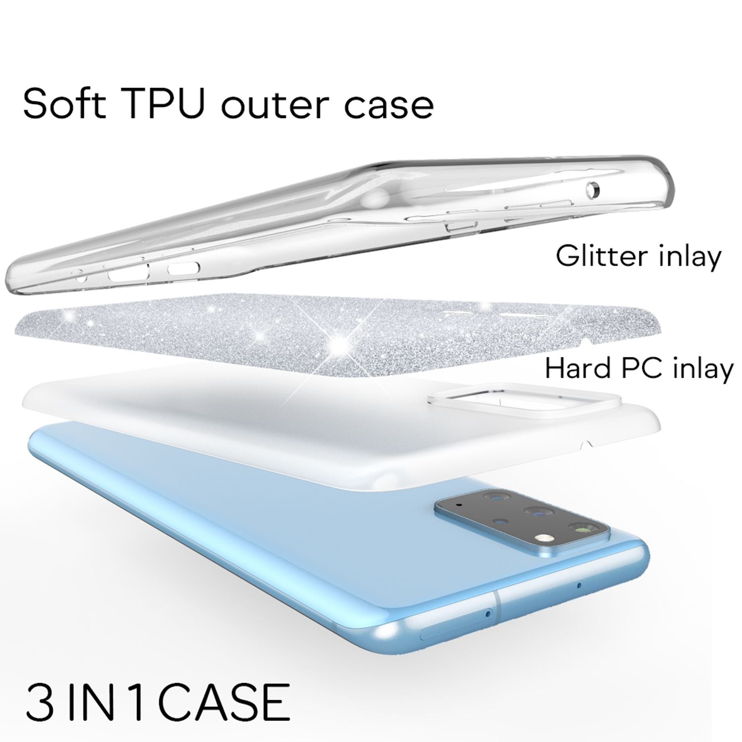 NALIA Glitter Case für Samsung Galaxy S20 Plus, Diamant Schutz Hülle Handy Etui Silber NALIA Protective Hülle