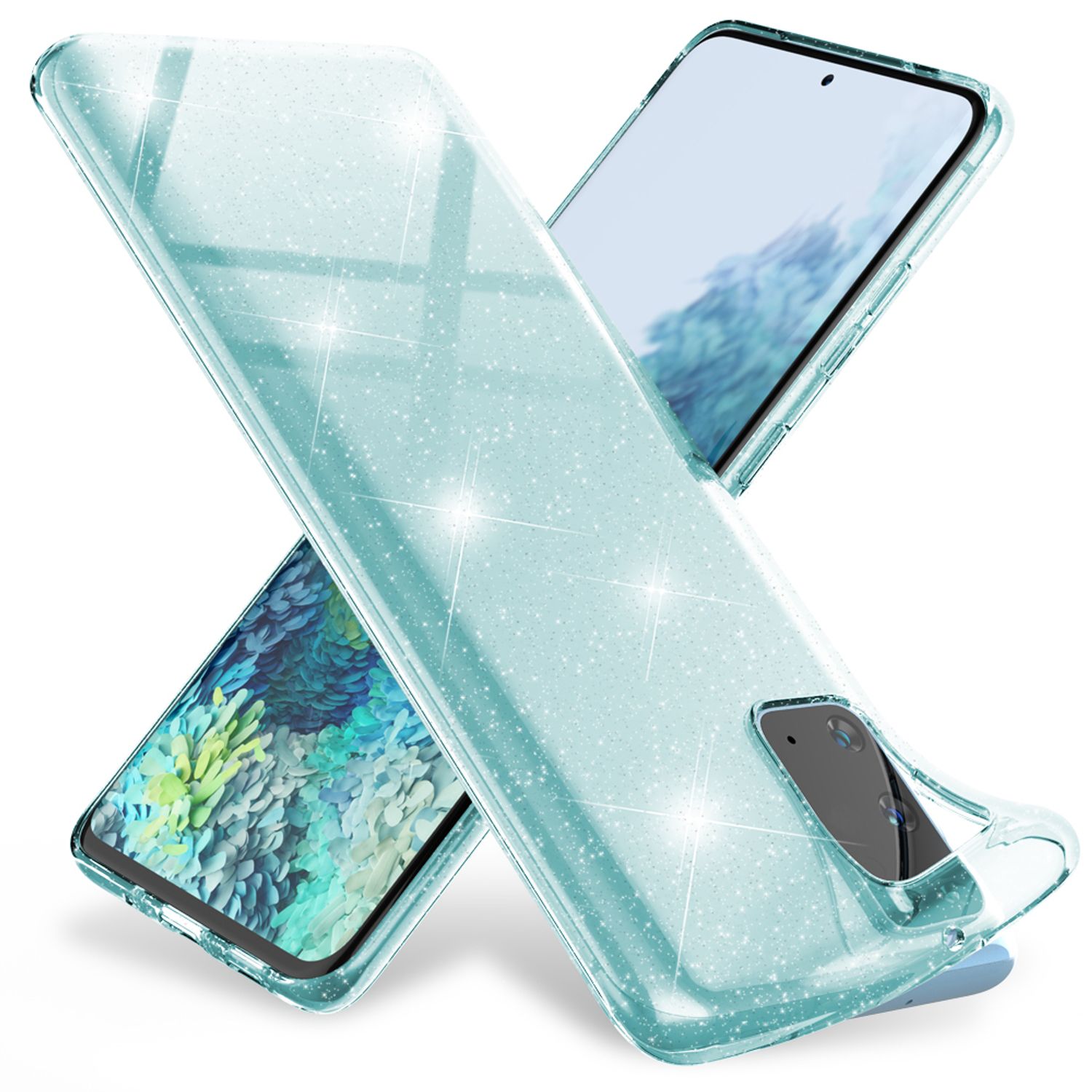 NALIA Glitzer Silikonhülle Samsung Galaxy S20 Case transparent funkelnd stoßfest Blau NALIA Transparente Hülle