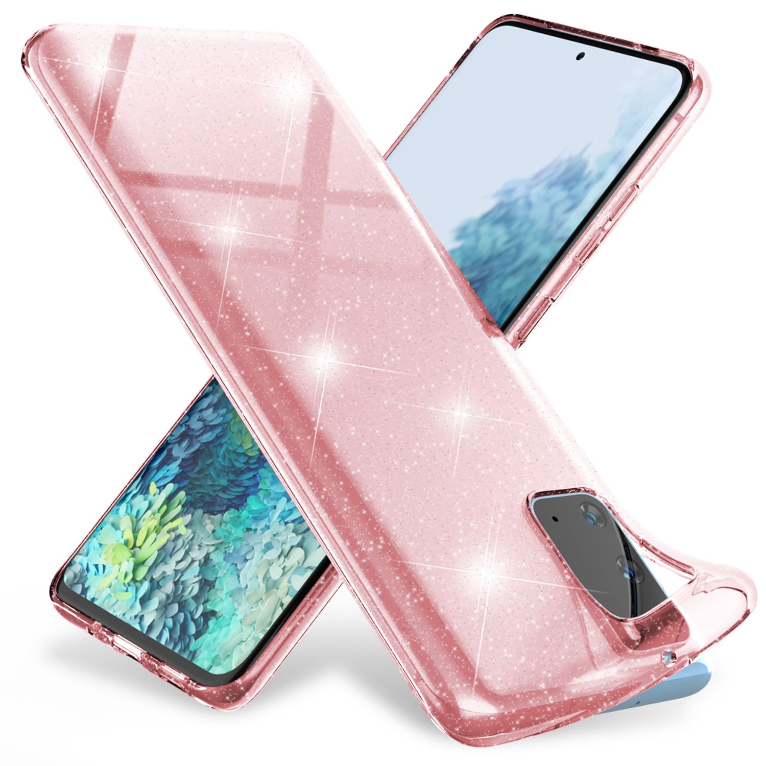 NALIA Glitzer Silikonhülle Samsung Galaxy S20 Case transparent funkelnd stoßfest Rosa NALIA Transparente Hülle