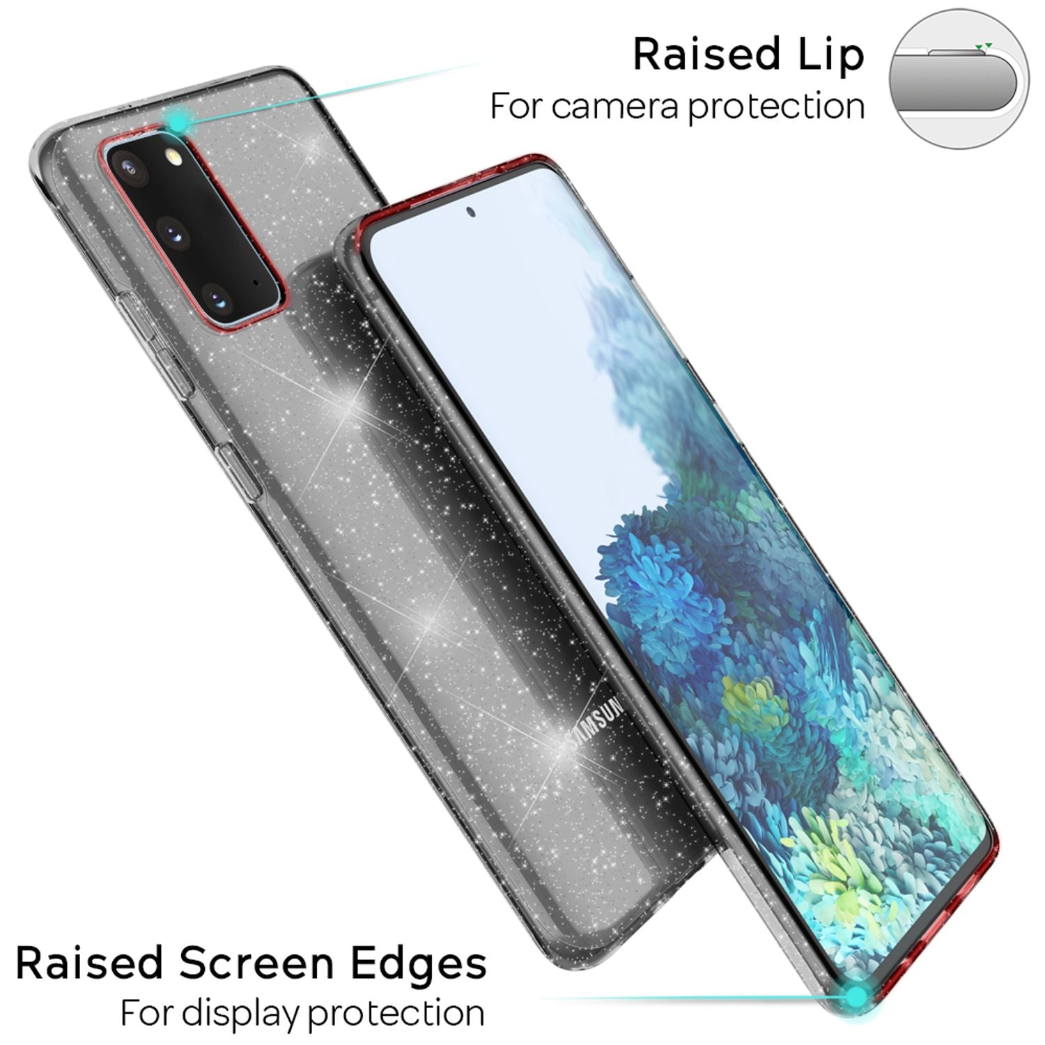 NALIA Glitzer Silikonhülle Samsung Galaxy S20 Case transparent funkelnd stoßfest Schwarz NALIA Transparente Hülle