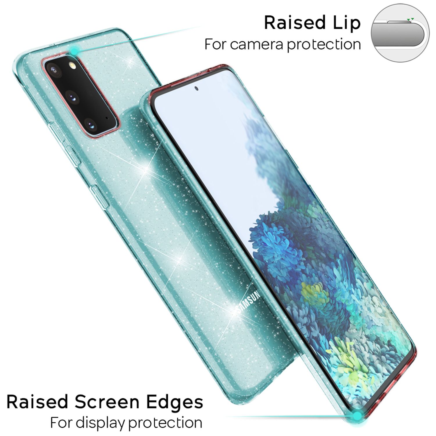 NALIA Glitzer Silikonhülle Samsung Galaxy S20 Case transparent funkelnd stoßfest Blau NALIA Transparente Hülle