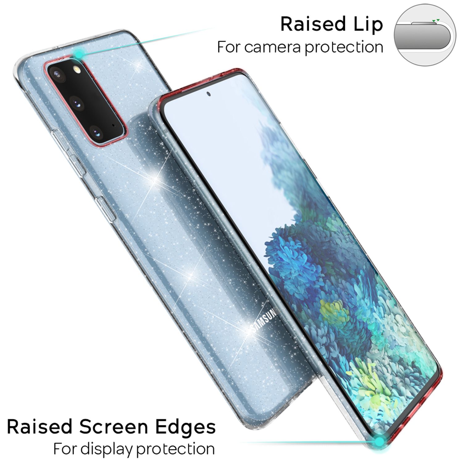 NALIA Glitzer Silikonhülle Samsung Galaxy S20 Case transparent funkelnd stoßfest Transparent NALIA Transparente Hülle