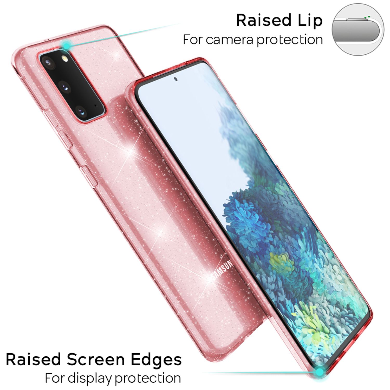 NALIA Glitzer Silikonhülle Samsung Galaxy S20 Case transparent funkelnd stoßfest Rosa NALIA Transparente Hülle