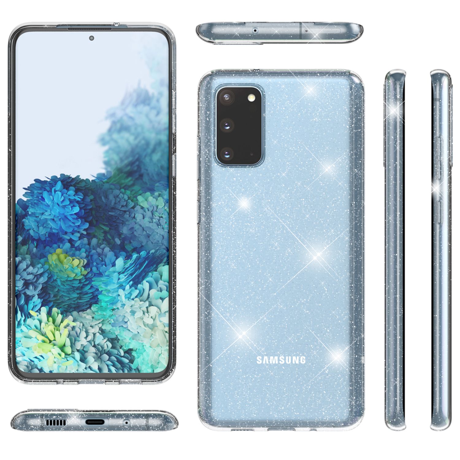 NALIA Glitzer Silikonhülle Samsung Galaxy S20 Case transparent funkelnd stoßfest Transparent NALIA Transparente Hülle
