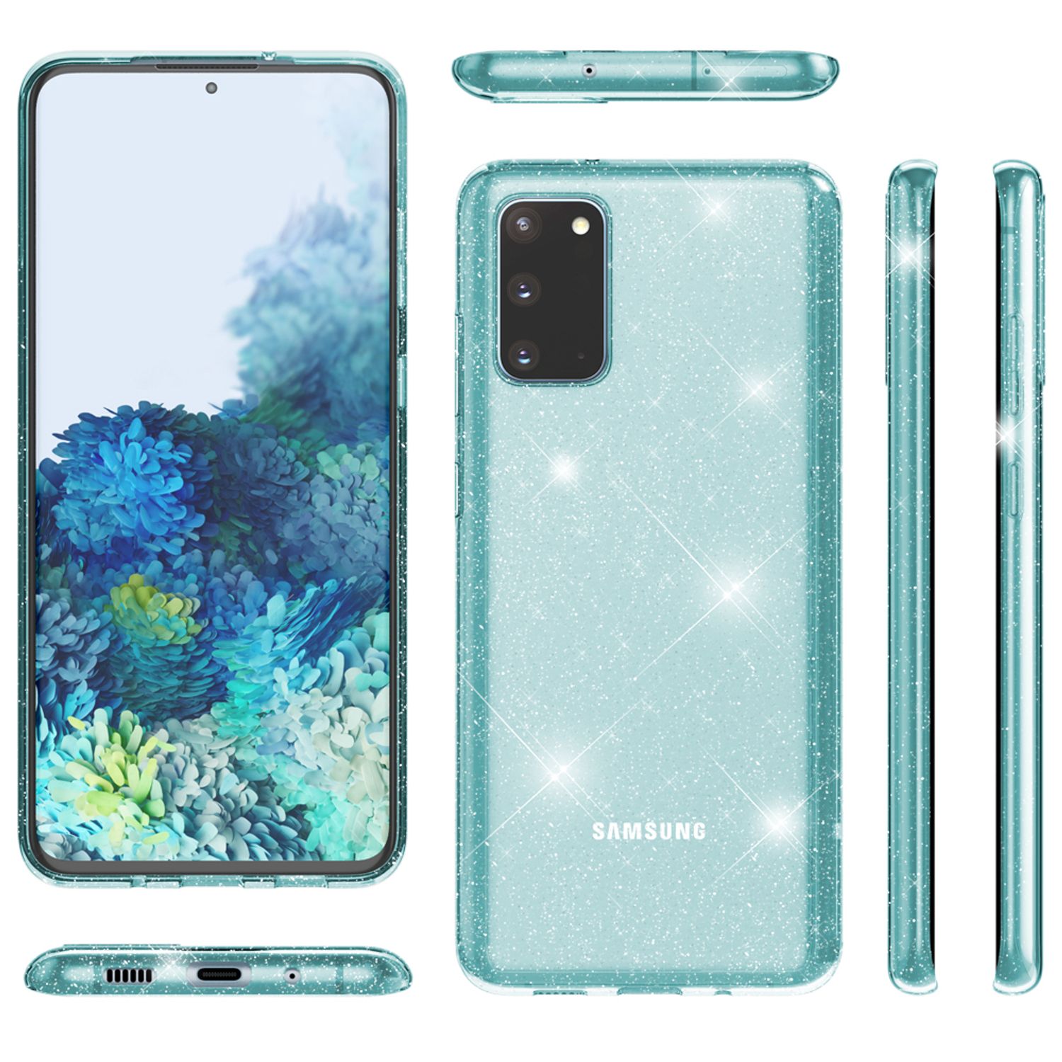 NALIA Glitzer Silikonhülle Samsung Galaxy S20 Case transparent funkelnd stoßfest Blau NALIA Transparente Hülle
