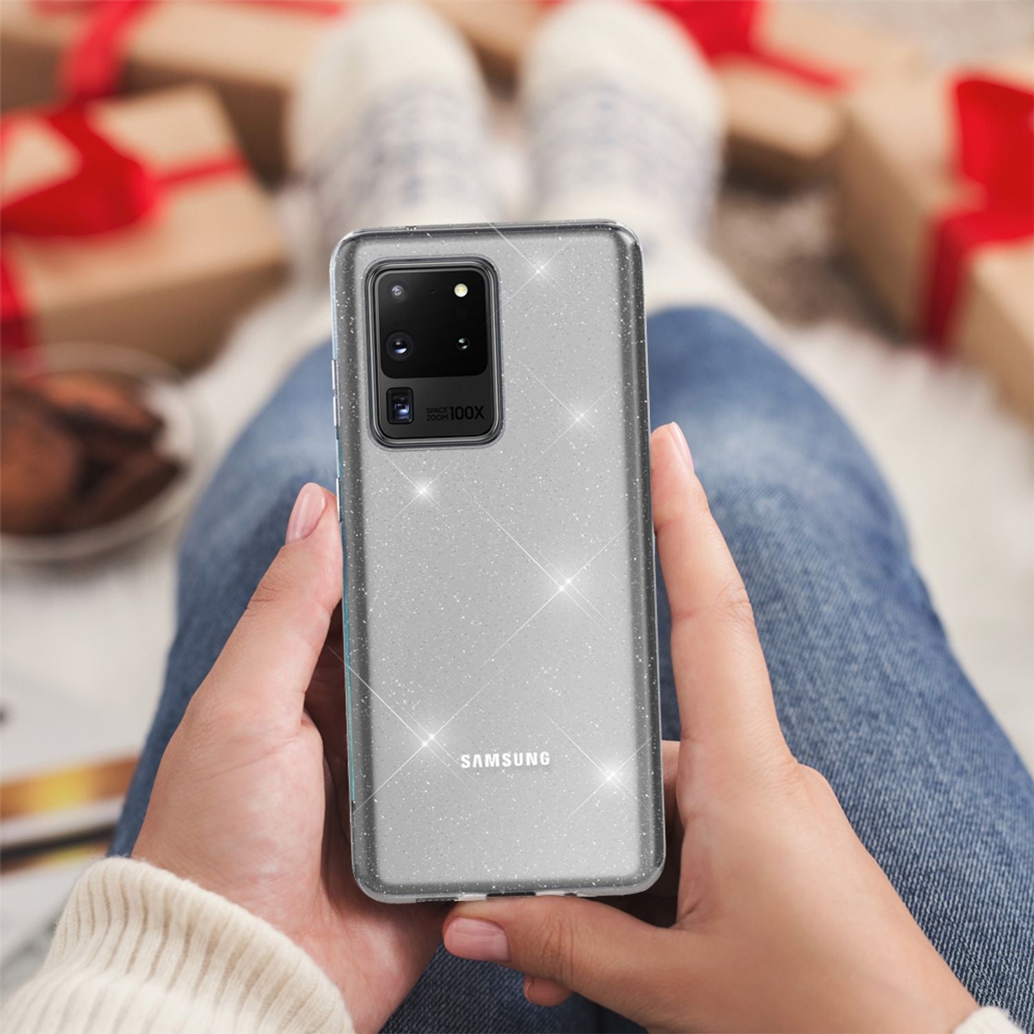 NALIA Glitzer Handyhülle für Samsung Galaxy S20 Ultra, Silikon Handy Hülle Schutz Etui Transparent NALIA Transparente Hülle