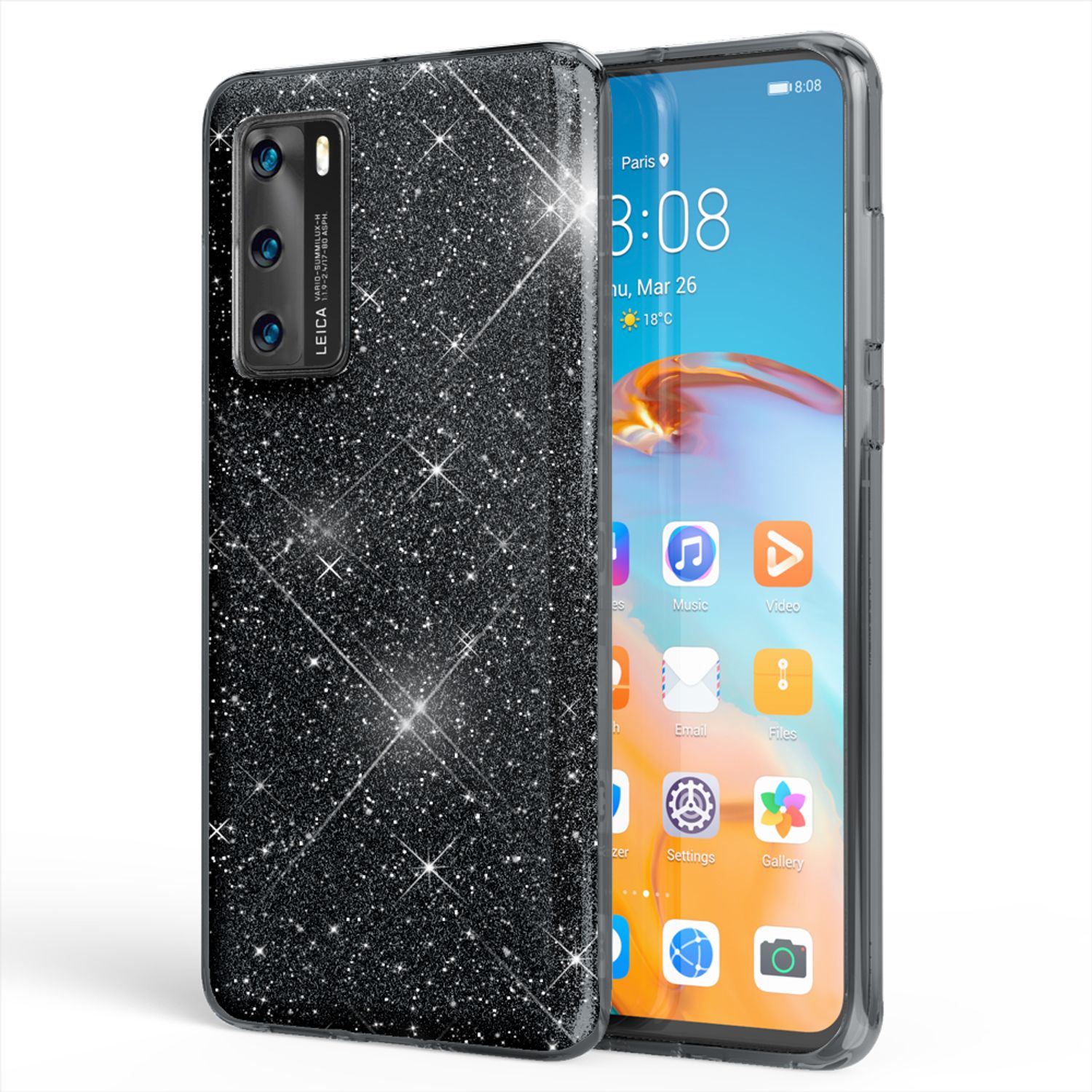 NALIA Glitzer Handyhülle für Huawei P40, Glitzer Handy Hülle Bling Cover Schutz Tasche Schwarz NALIA Protective Hülle