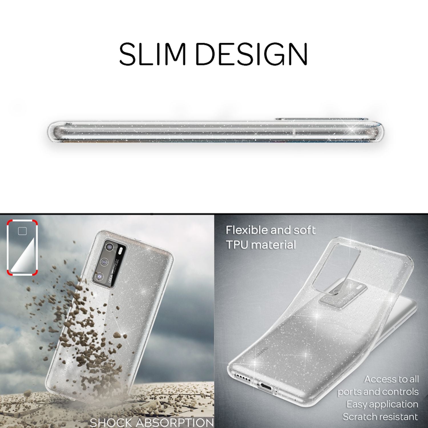 NALIA Glitzer Handyhülle für Huawei P40 Hülle, Bling Silikon Handyhülle Strass Cover Transparent NALIA Transparente Hülle