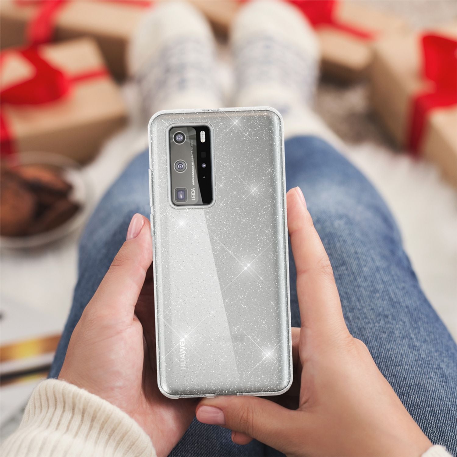 NALIA Glitzer Handyhülle für Huawei P40 Pro Hülle, Bling Silikon Handyhülle Cover Transparent NALIA Transparente Hülle