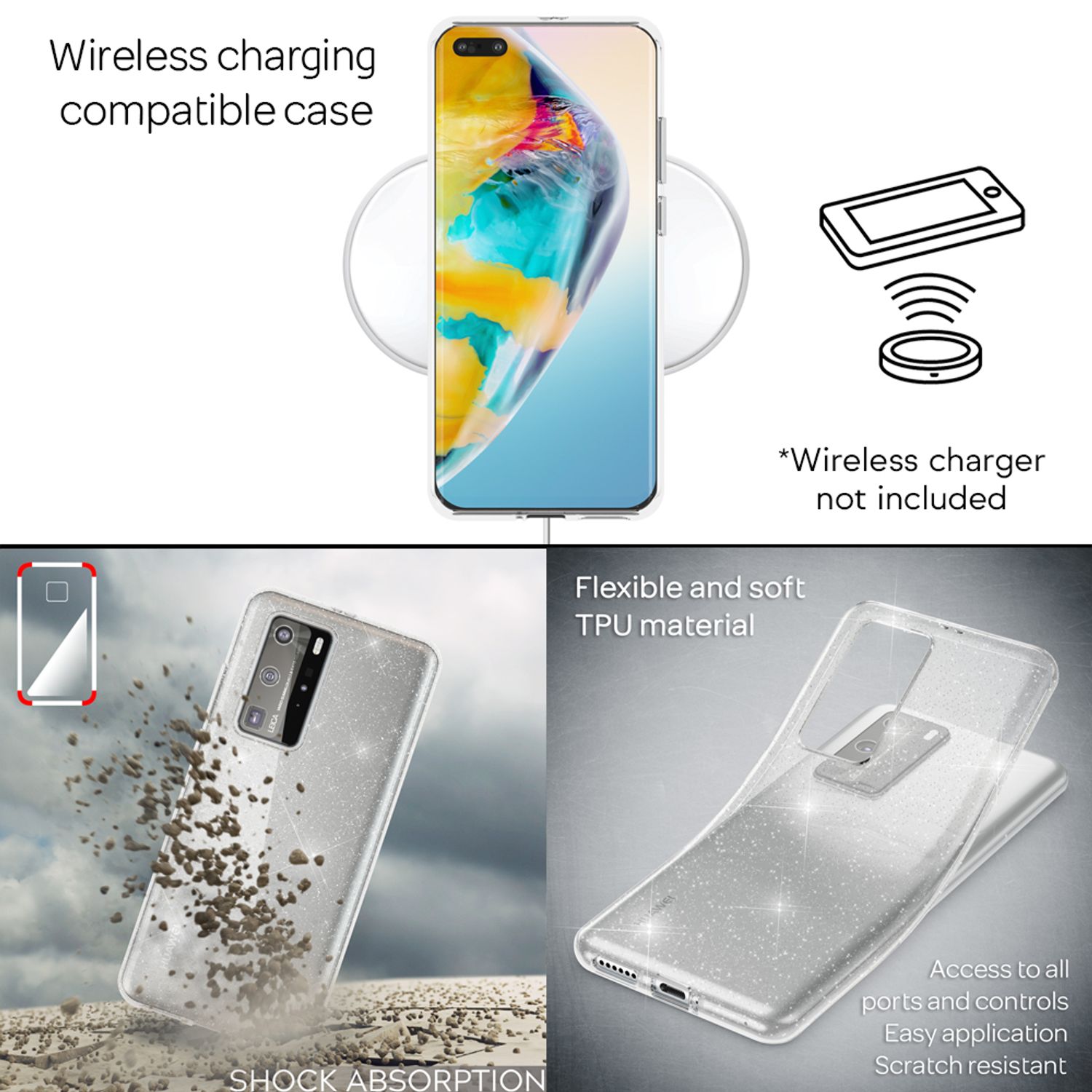 NALIA Glitzer Handyhülle für Huawei P40 Pro Hülle, Bling Silikon Handyhülle Cover Transparent NALIA Transparente Hülle
