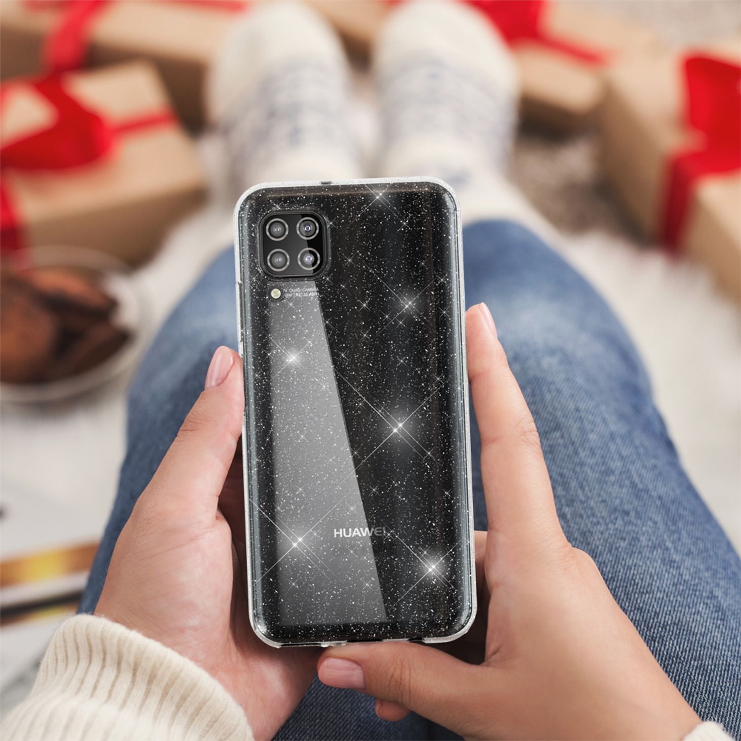 NALIA Glitzer Handyhülle für Huawei P40 Lite Hülle, Bling Silikon Handyhülle Cover Transparent NALIA Transparente Hülle