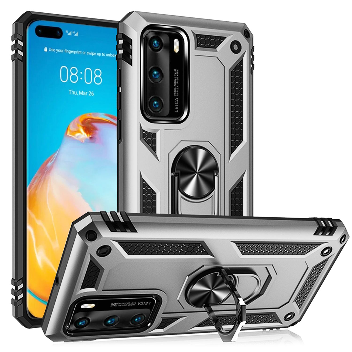 NALIA Ring Hülle für Huawei P40, Handy Schutz Tasche Slim Cover Case Bumper Etui Silber NALIA Protective Hülle