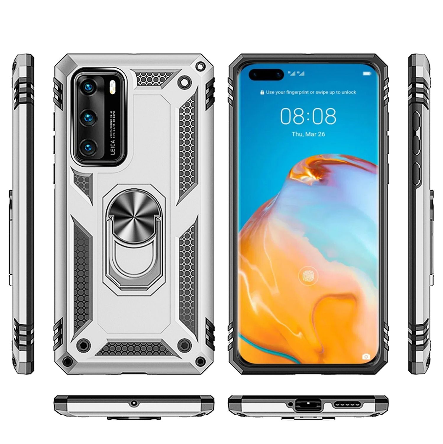 NALIA Ring Hülle für Huawei P40, Handy Schutz Tasche Slim Cover Case Bumper Etui Silber NALIA Protective Hülle
