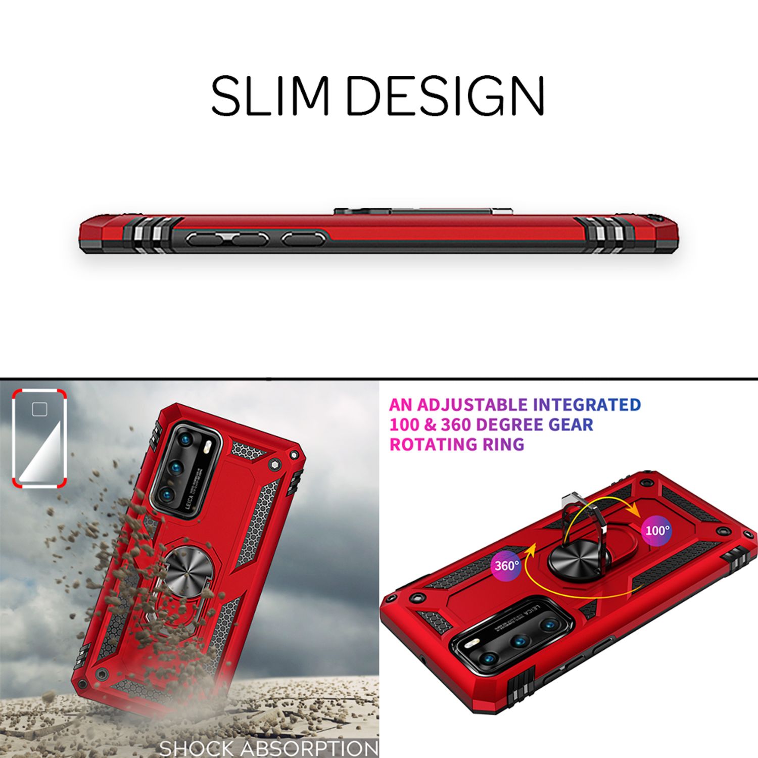 NALIA Ring Hülle für Huawei P40, Handy Schutz Tasche Slim Cover Case Bumper Etui Silber NALIA Protective Hülle