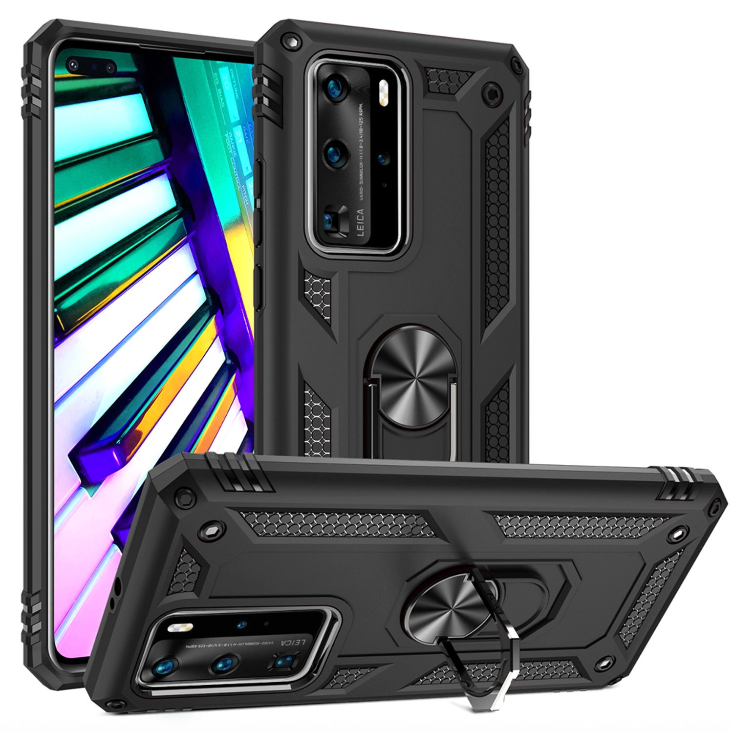 NALIA Ring Hülle für Huawei P40 Pro, Handy Schutz Tasche Cover Case Bumper Etui Schwarz NALIA Protective Hülle