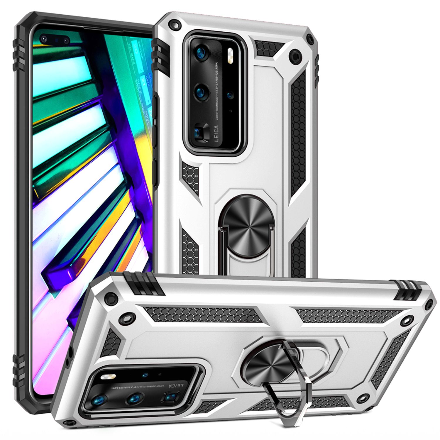 NALIA Ring Hülle für Huawei P40 Pro, Handy Schutz Tasche Cover Case Bumper Etui Silber NALIA Protective Hülle