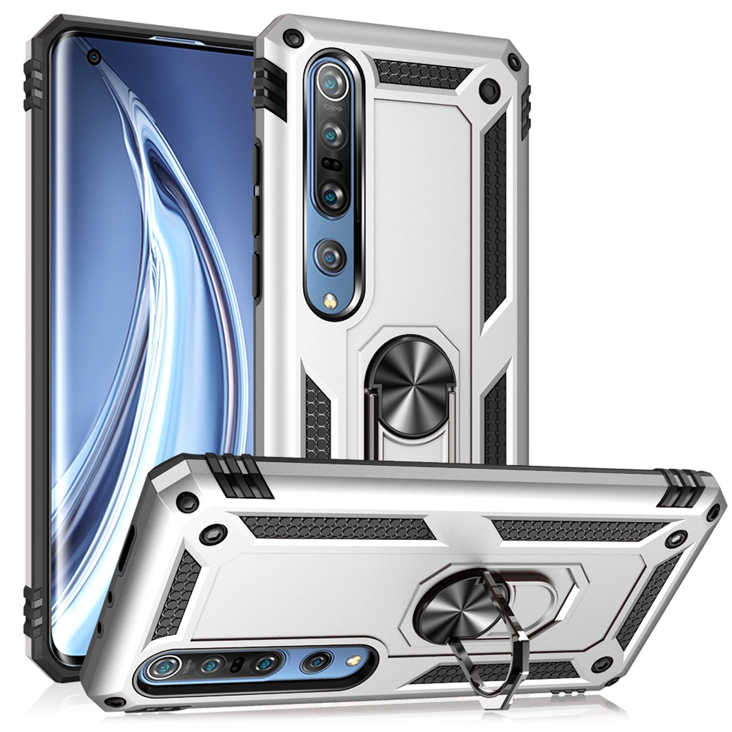 NALIA 360° Ring Handyhülle für Xiaomi Mi 10 / Mi 10 Pro, Handy Case Schutz Cover Etui Silber NALIA Protective Hülle