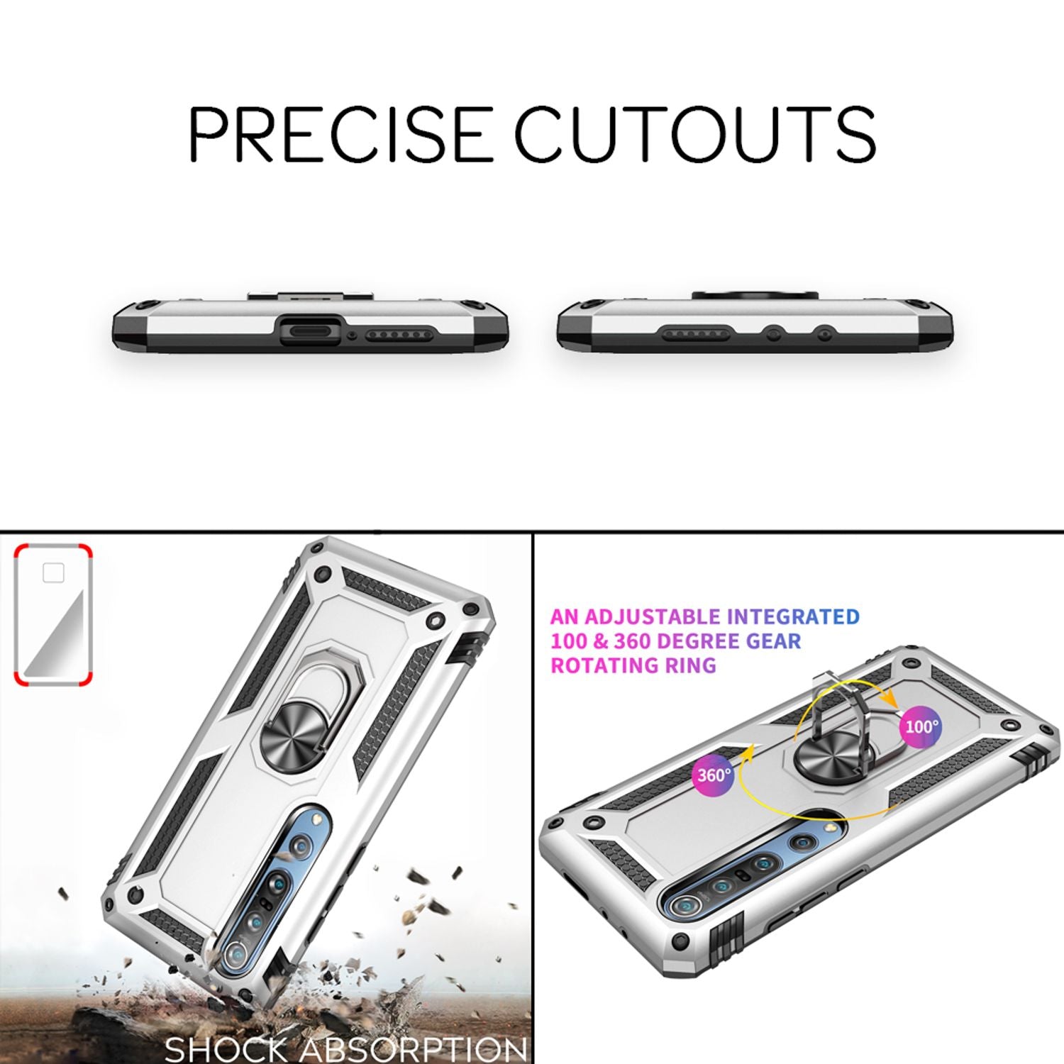 NALIA 360° Ring Handyhülle für Xiaomi Mi 10 / Mi 10 Pro, Handy Case Schutz Cover Etui Silber NALIA Protective Hülle