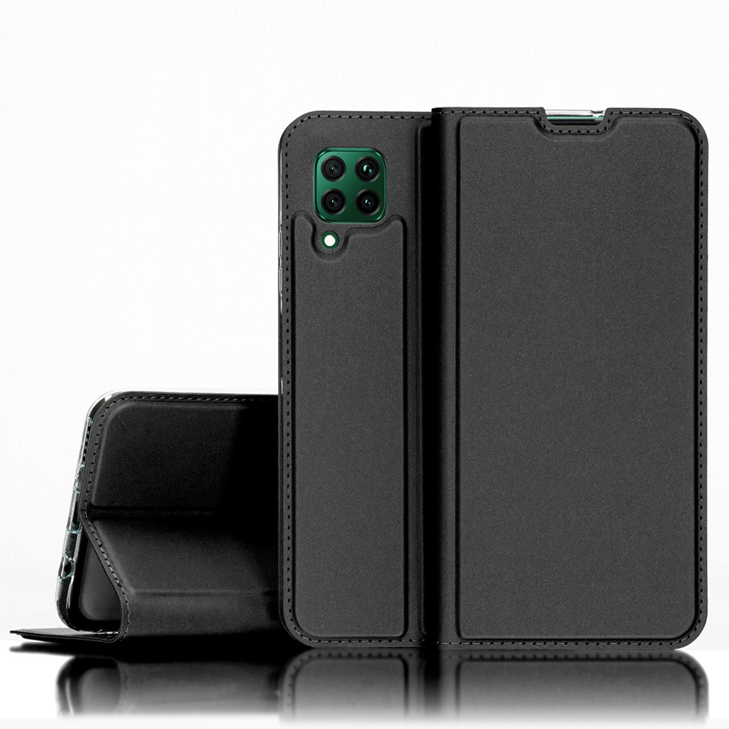 NALIA Klapp Hülle für Huawei P40 lite, Flip Case Kunstleder Cover Bumper Etui Schwarz NALIA