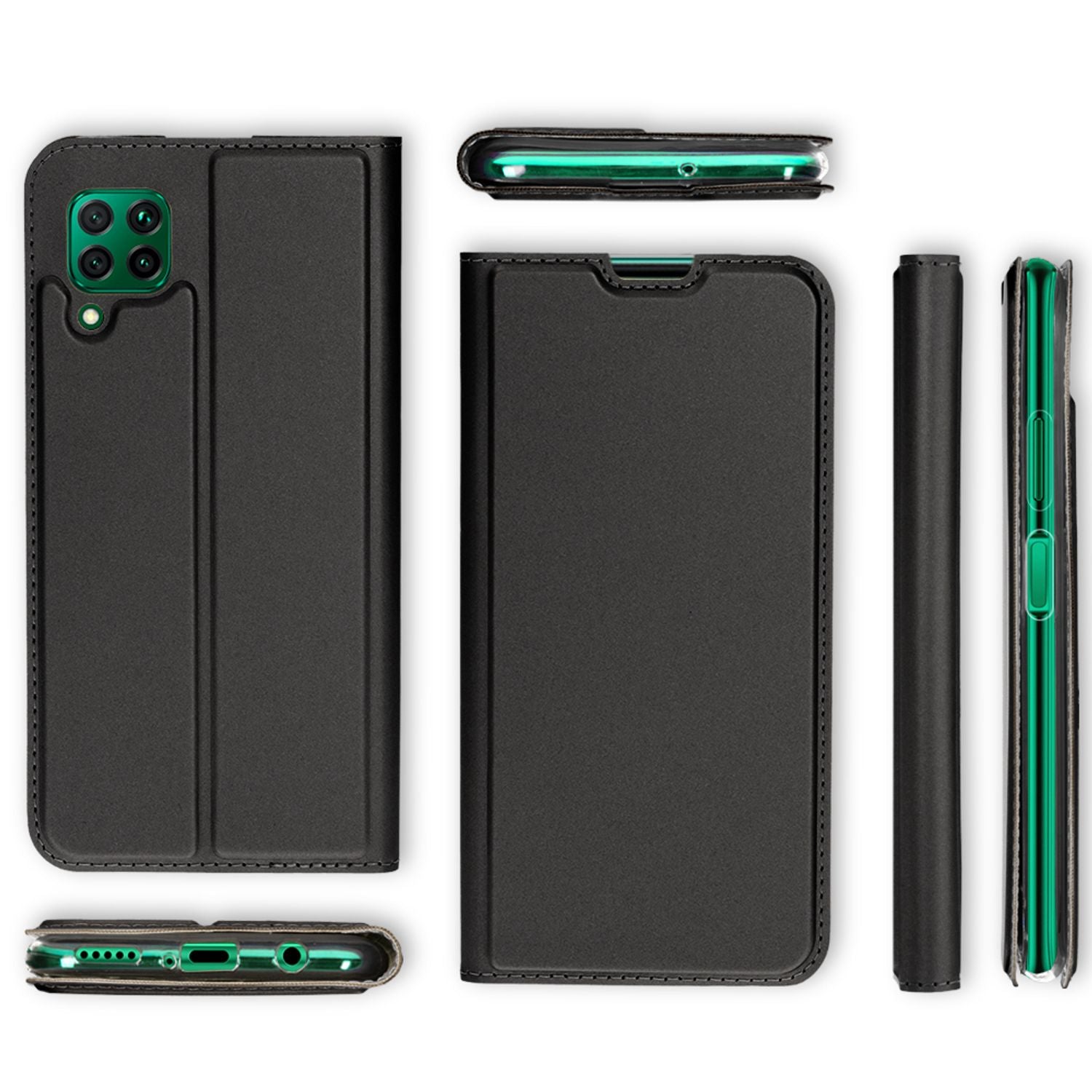 NALIA Klapp Hülle für Huawei P40 lite, Flip Case Kunstleder Cover Bumper Etui Schwarz NALIA