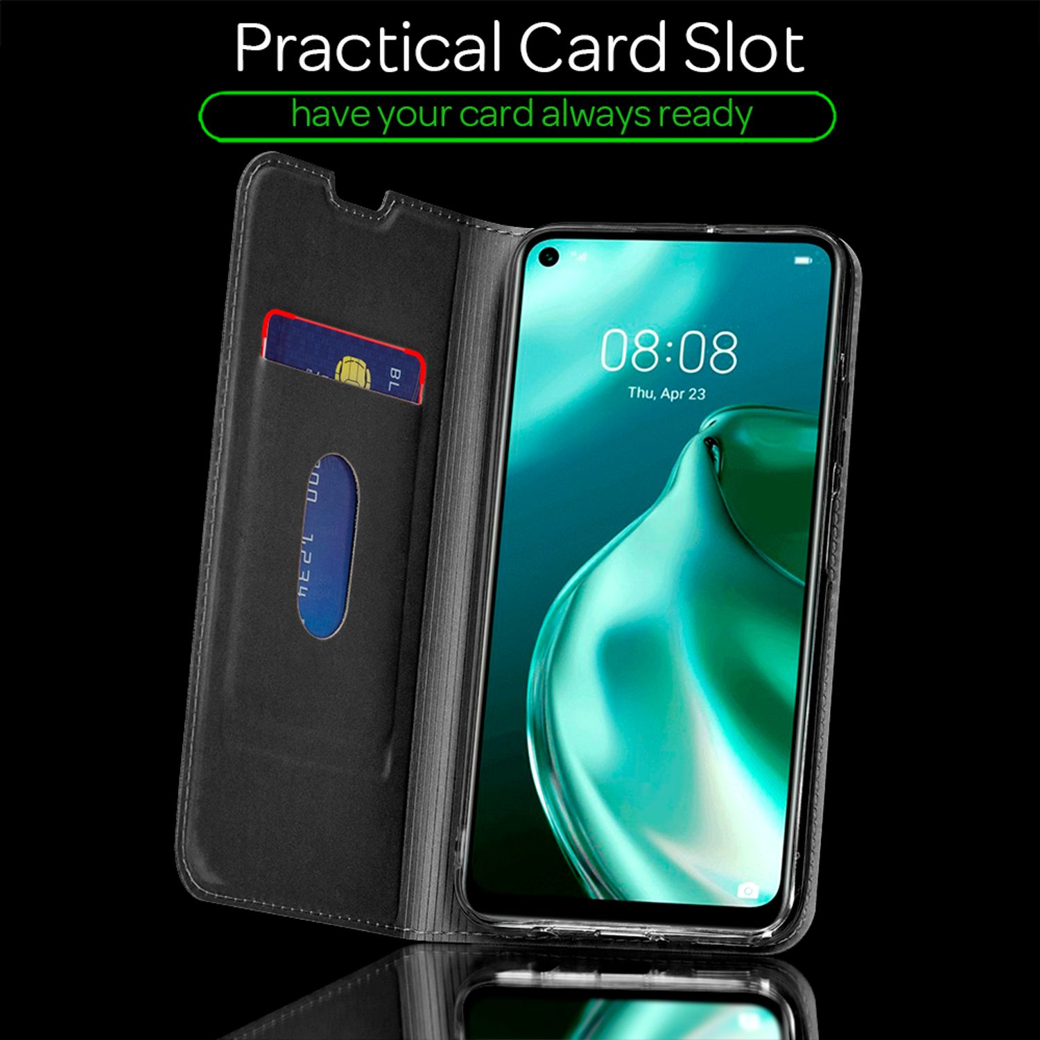 NALIA Klapp Hülle für Huawei P40 lite, Flip Case Kunstleder Cover Bumper Etui Schwarz NALIA