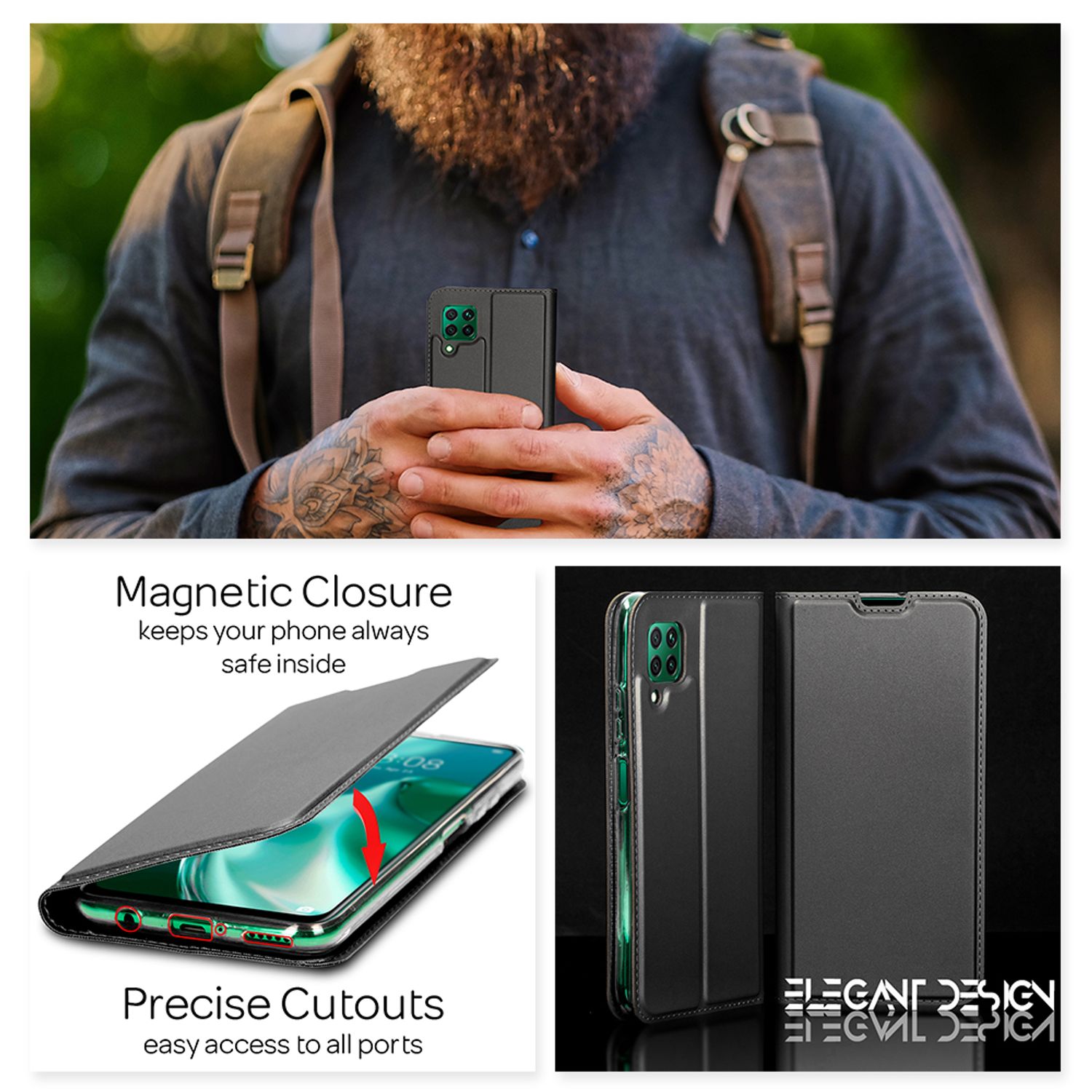 NALIA Klapp Hülle für Huawei P40 lite, Flip Case Kunstleder Cover Bumper Etui Schwarz NALIA