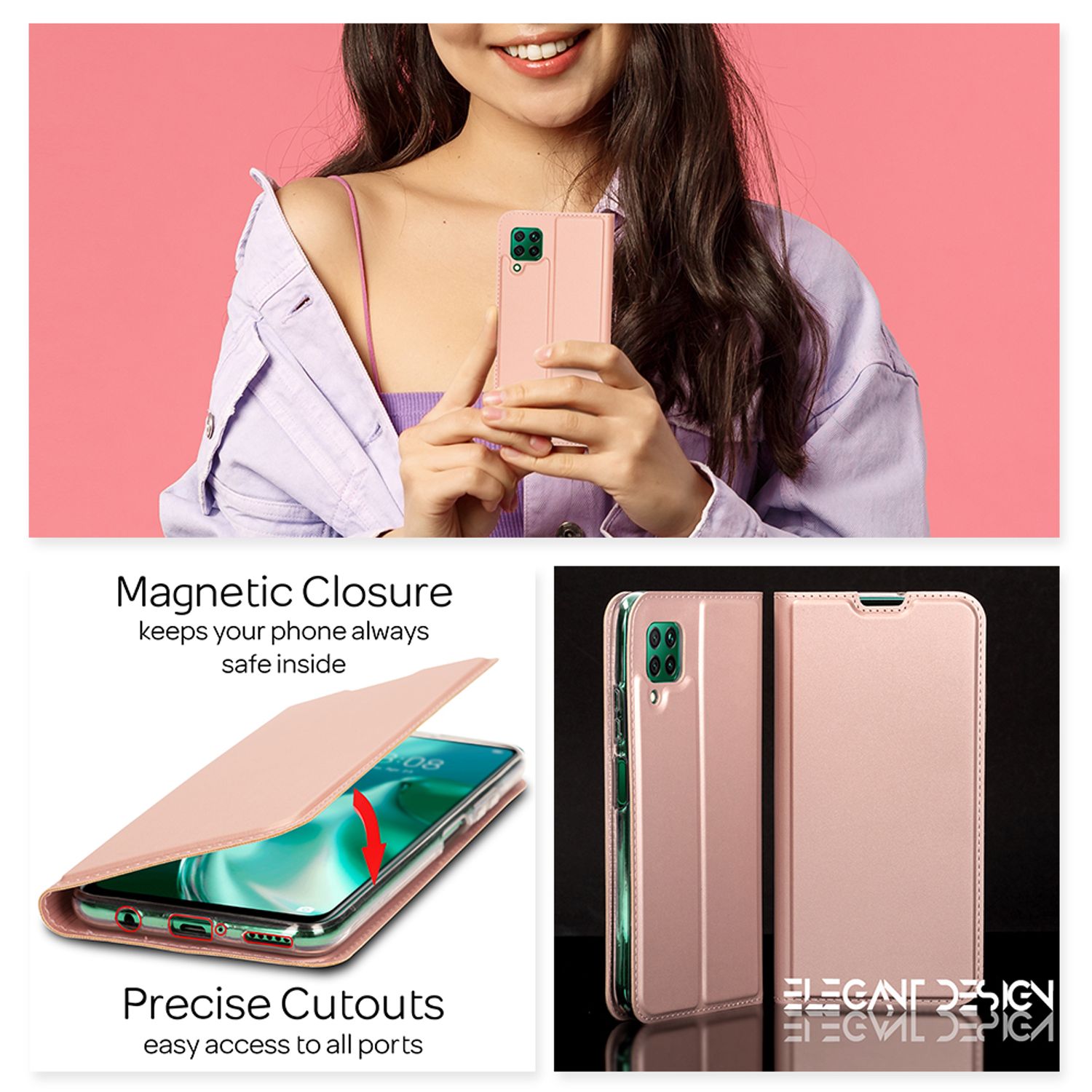 NALIA Klapp Hülle für Huawei P40 lite, Flip Case Kunstleder Cover Bumper Etui Schwarz NALIA