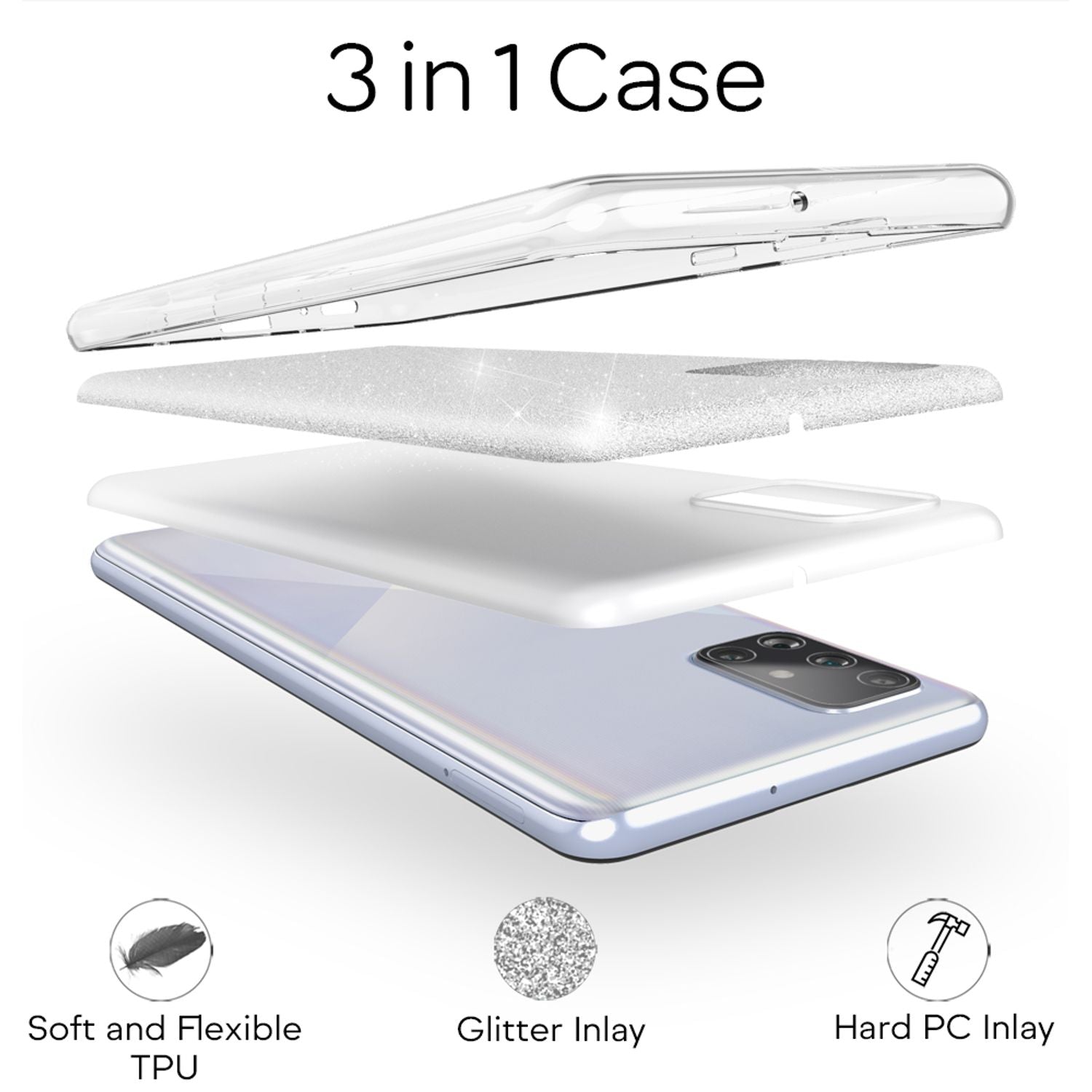 NALIA Glitzer Handy Hülle für Samsung Galaxy A51, Bling Silikon Cover Case Etui Silber NALIA Protective Hülle