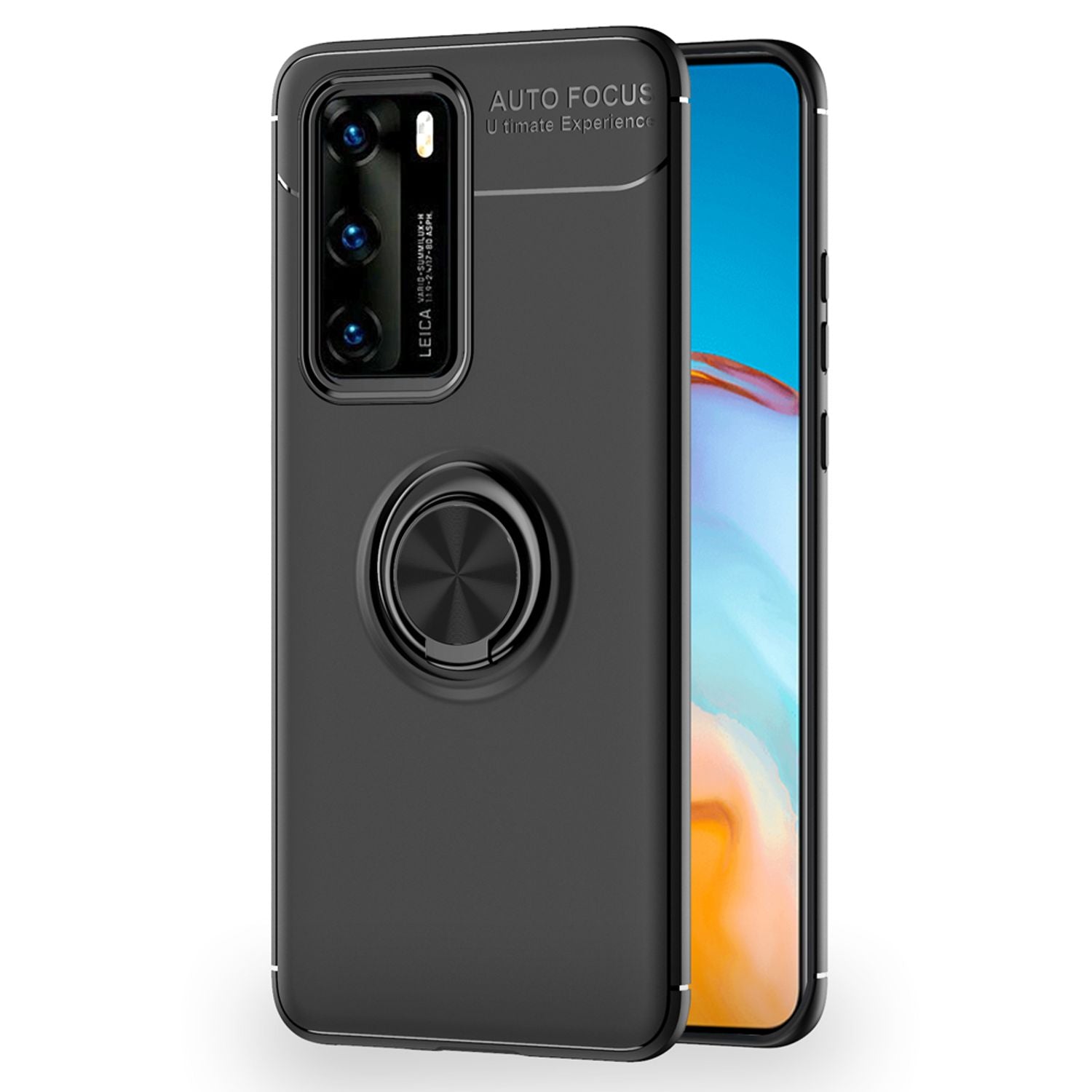 NALIA Ring Handy Hülle für Huawei P40, Dünnes Silikon Cover Case 360 Grad Halter Schwarz NALIA Protective Hülle