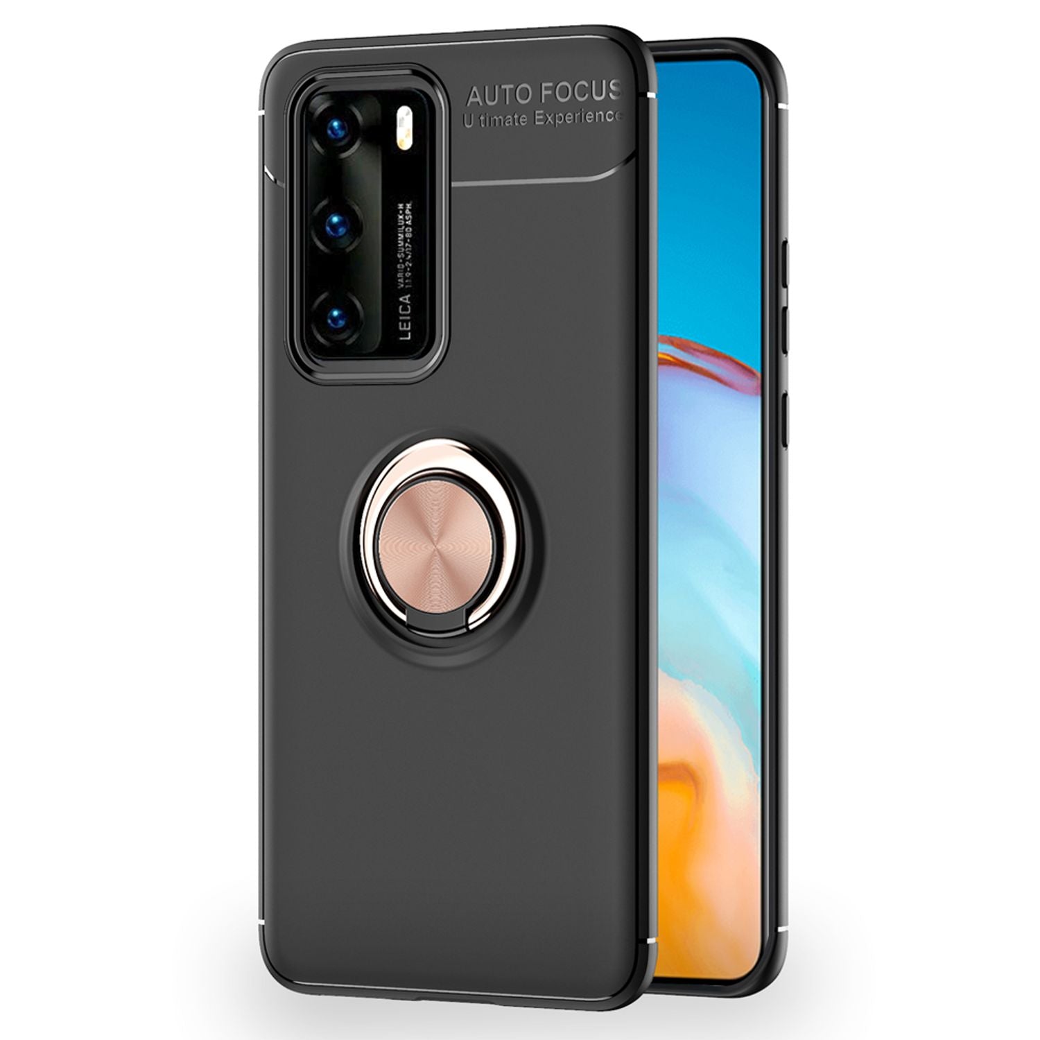 NALIA Ring Handy Hülle für Huawei P40, Dünnes Silikon Cover Case 360 Grad Halter Schwarz NALIA Protective Hülle