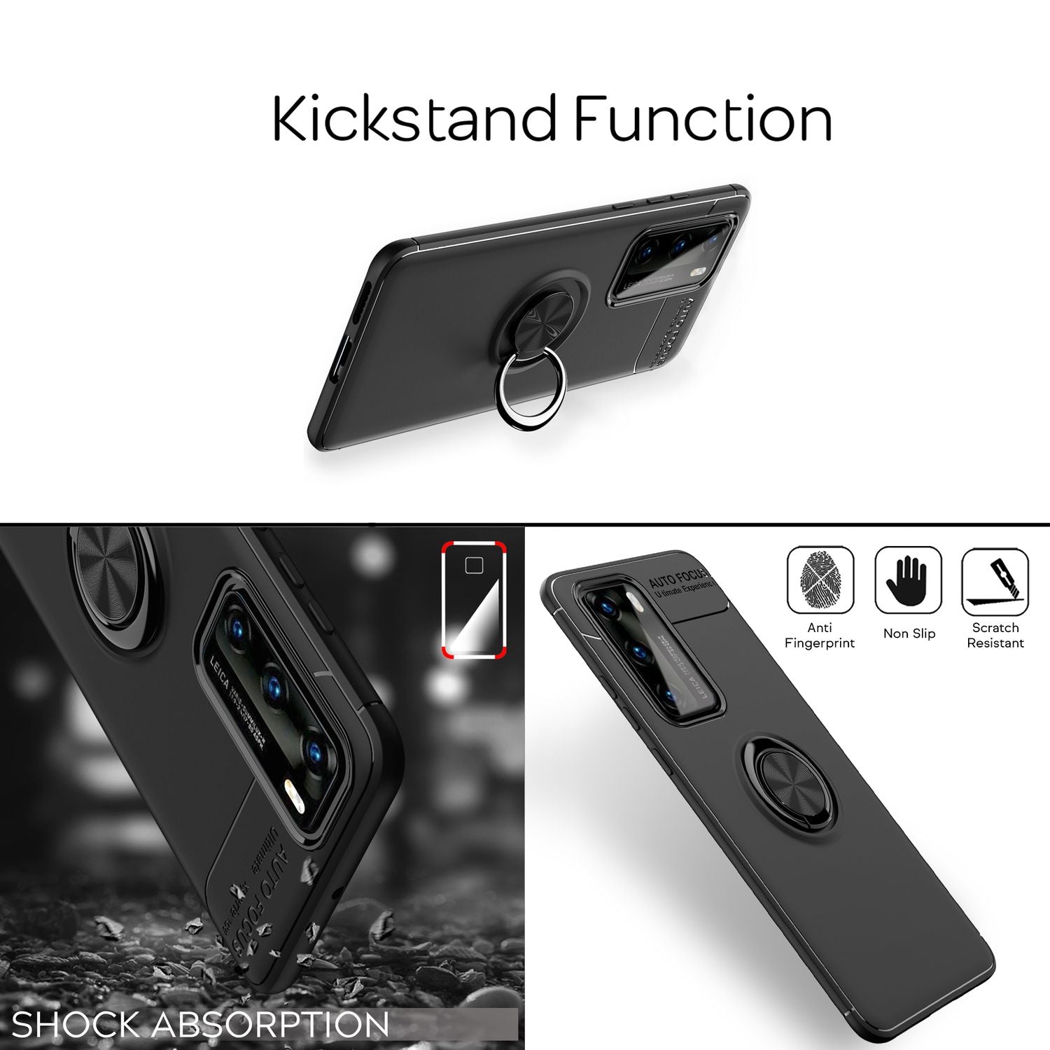 NALIA Ring Handy Hülle für Huawei P40, Dünnes Silikon Cover Case 360 Grad Halter Schwarz NALIA Protective Hülle