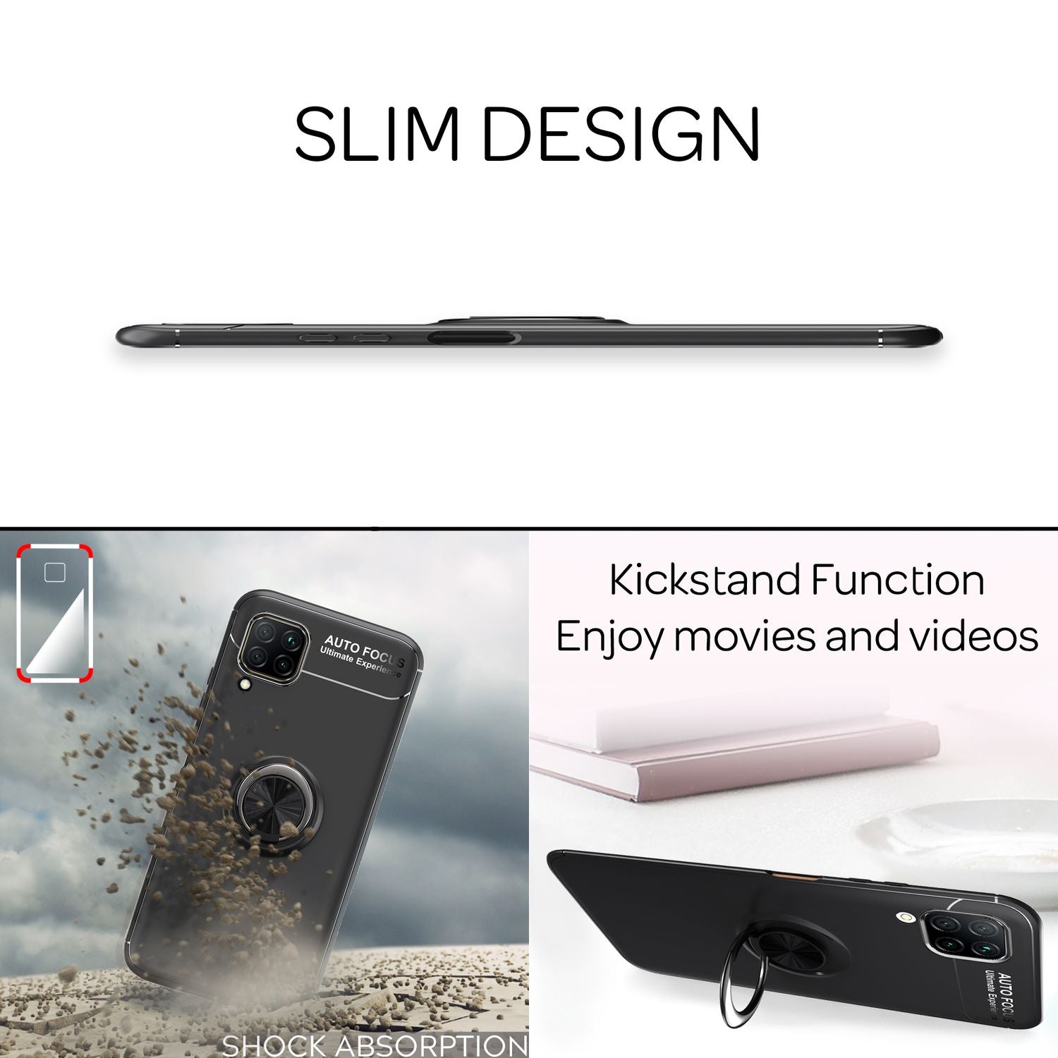 NALIA Ring Handy Hülle für Huawei P40 lite, Silikon Cover Case 360 Grad Halter Schwarz NALIA Protective Hülle