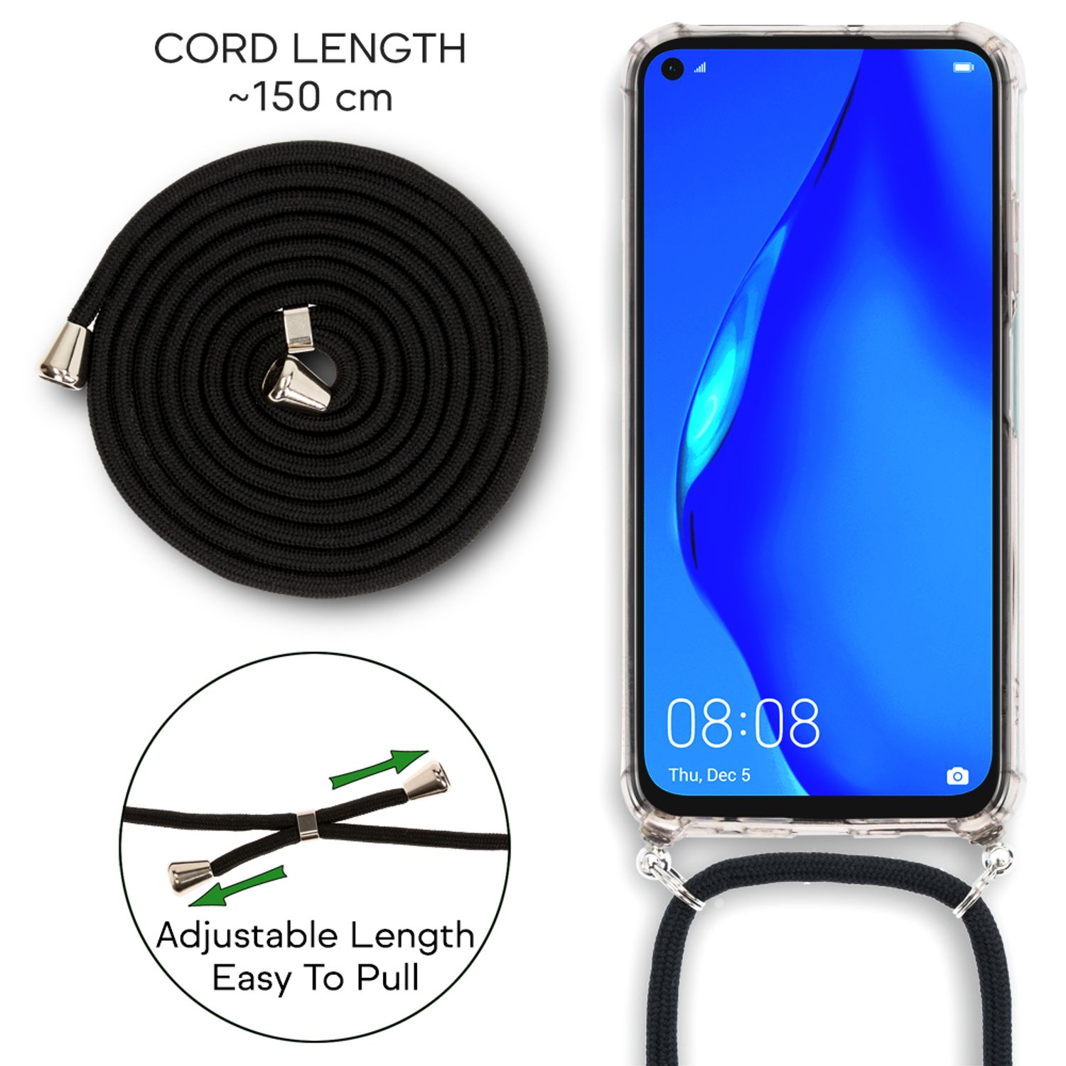 NALIA Handy Hülle mit Kette für Huawei P40 lite, Slim Necklace Hard Case Cover Schwarz NALIA Transparente Hülle