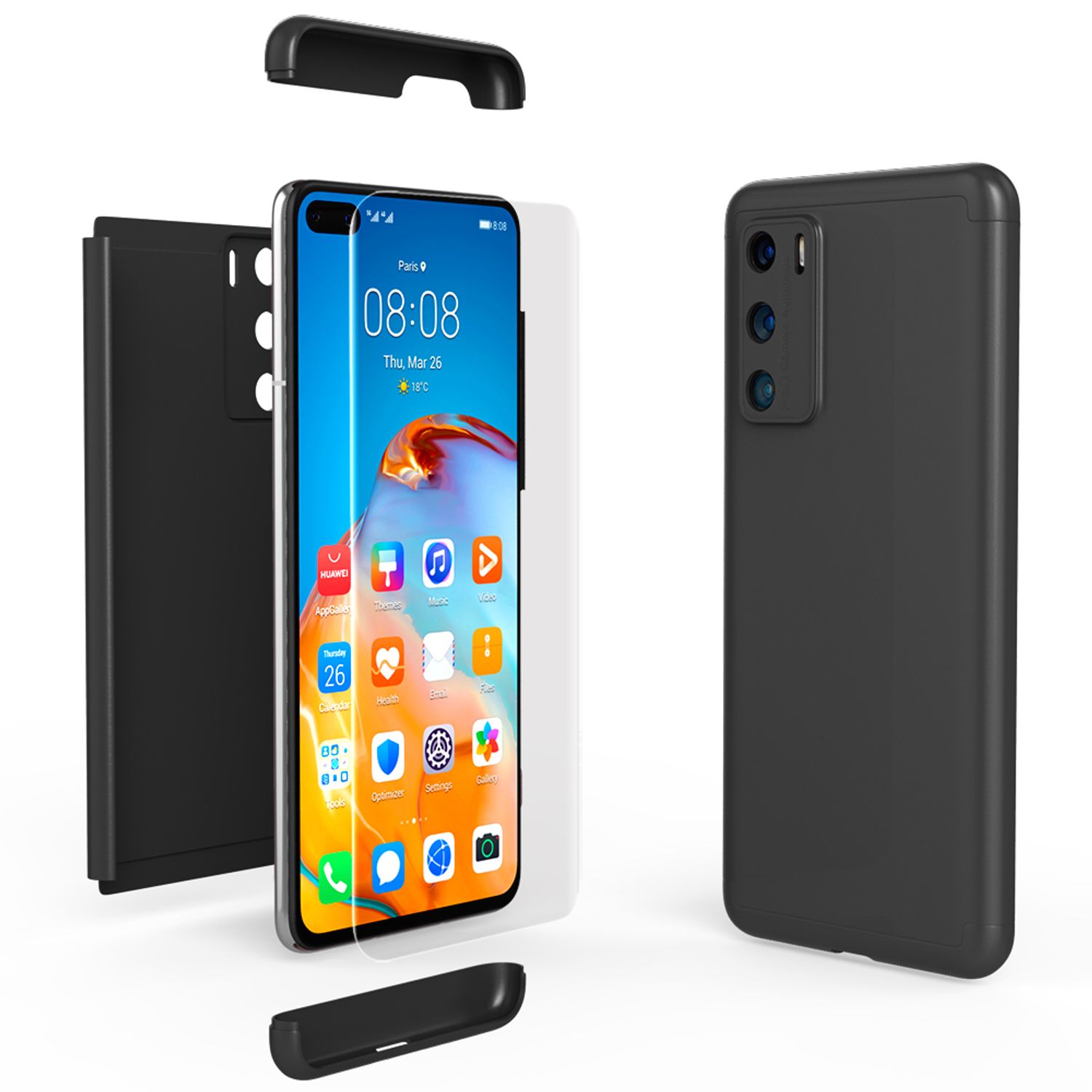 NALIA 360 Grad Handy Hülle für Huawei P40, Full Cover & Glas Case Rundum Bumper Schwarz NALIA