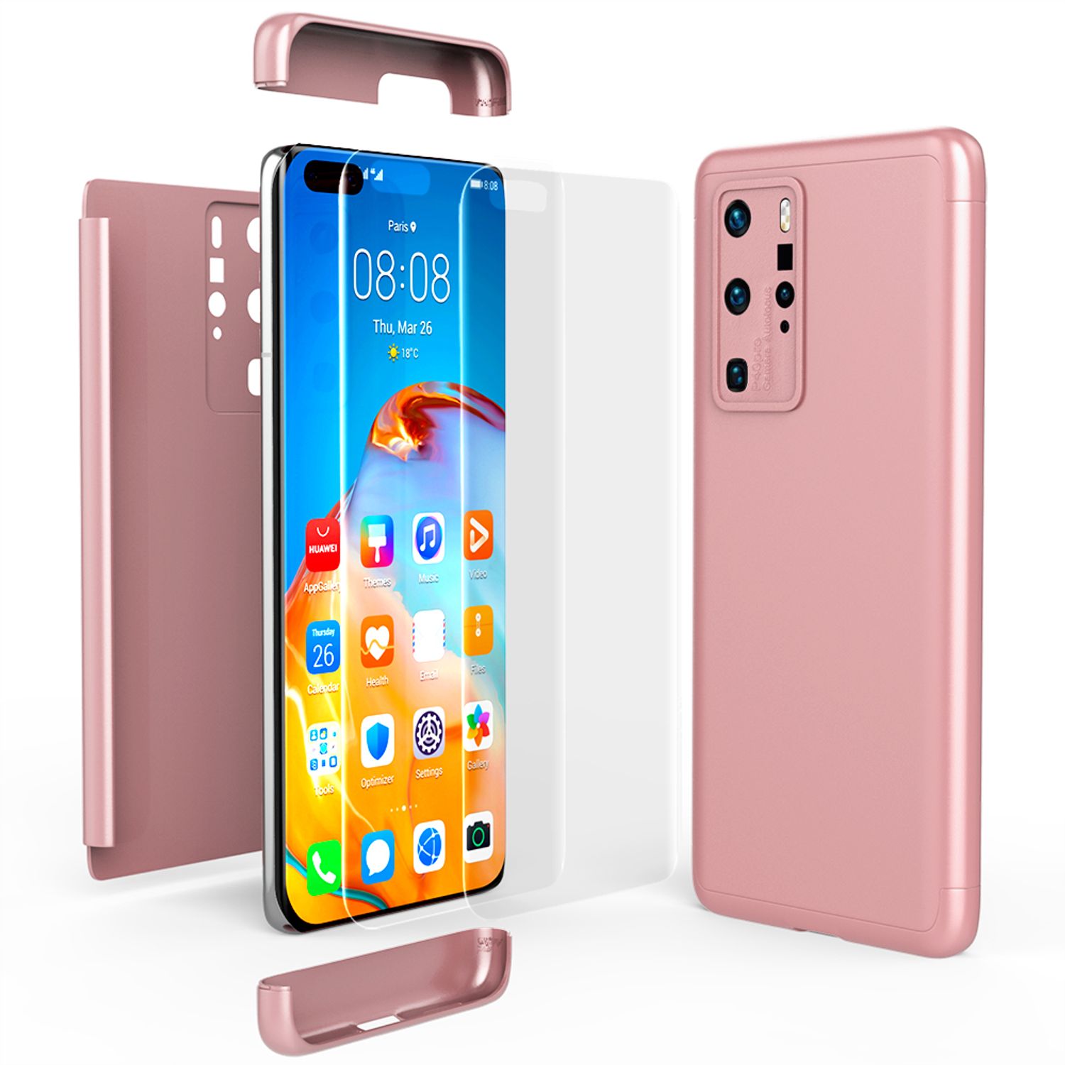 NALIA 360 Grad Handy Hülle für Huawei P40 Pro, Hard Case Cover & 2 Schutz Folien Rose Gold NALIA
