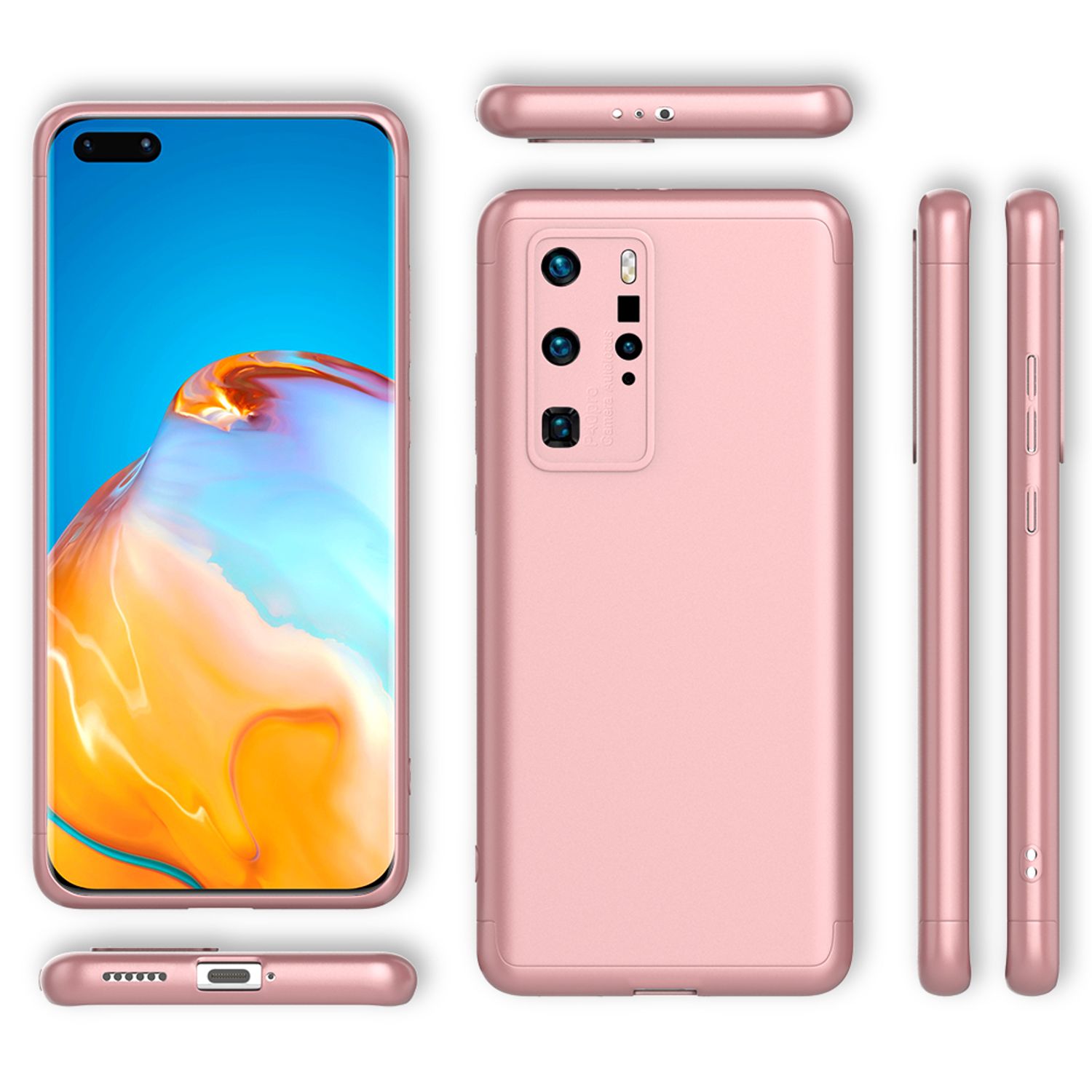 NALIA 360 Grad Handy Hülle für Huawei P40 Pro, Hard Case Cover & 2 Schutz Folien Rose Gold NALIA