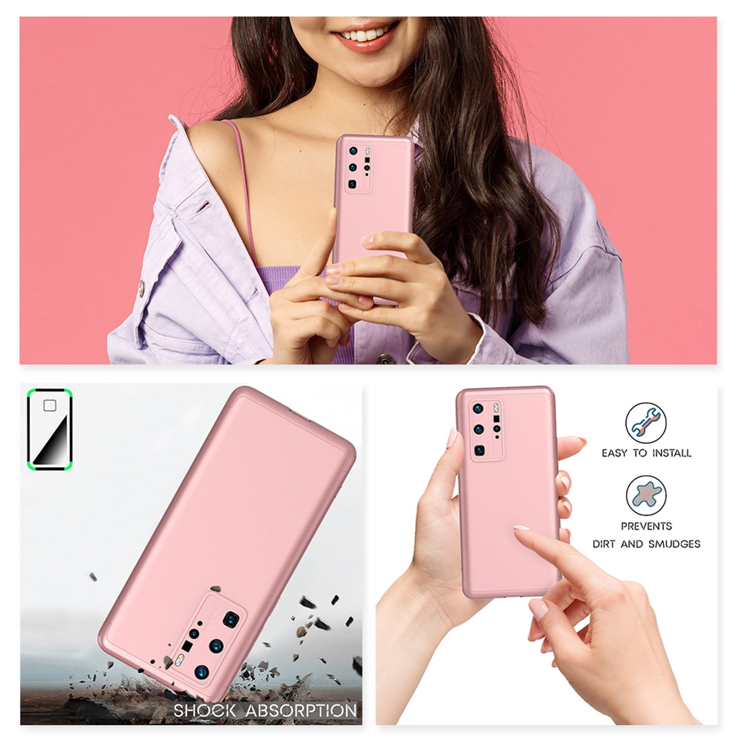 NALIA 360 Grad Handy Hülle für Huawei P40 Pro, Hard Case Cover & 2 Schutz Folien Rose Gold NALIA